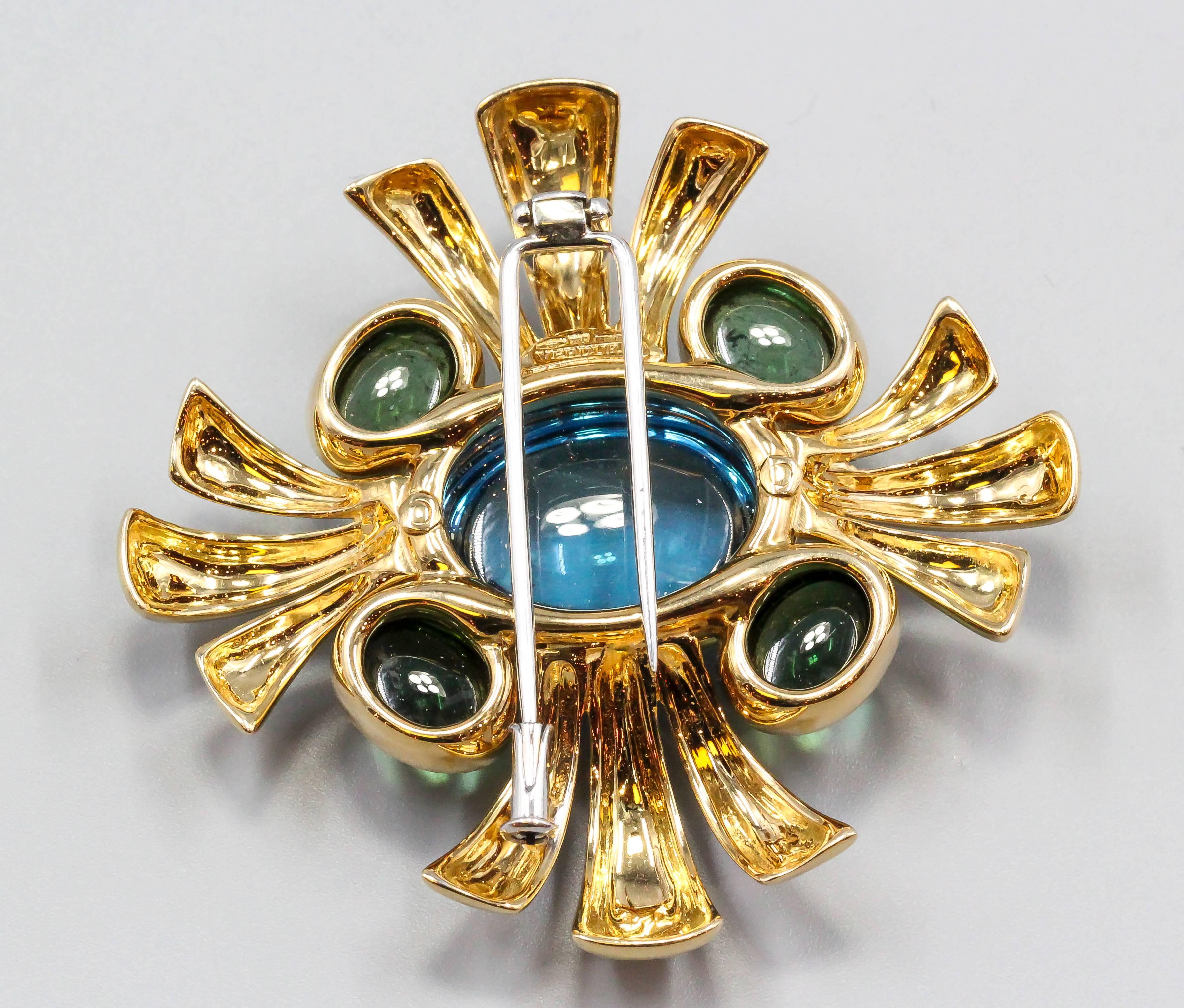 Verdura Cabana Blue Topaz Green Tourmaline Gold Brooch In Excellent Condition In New York, NY