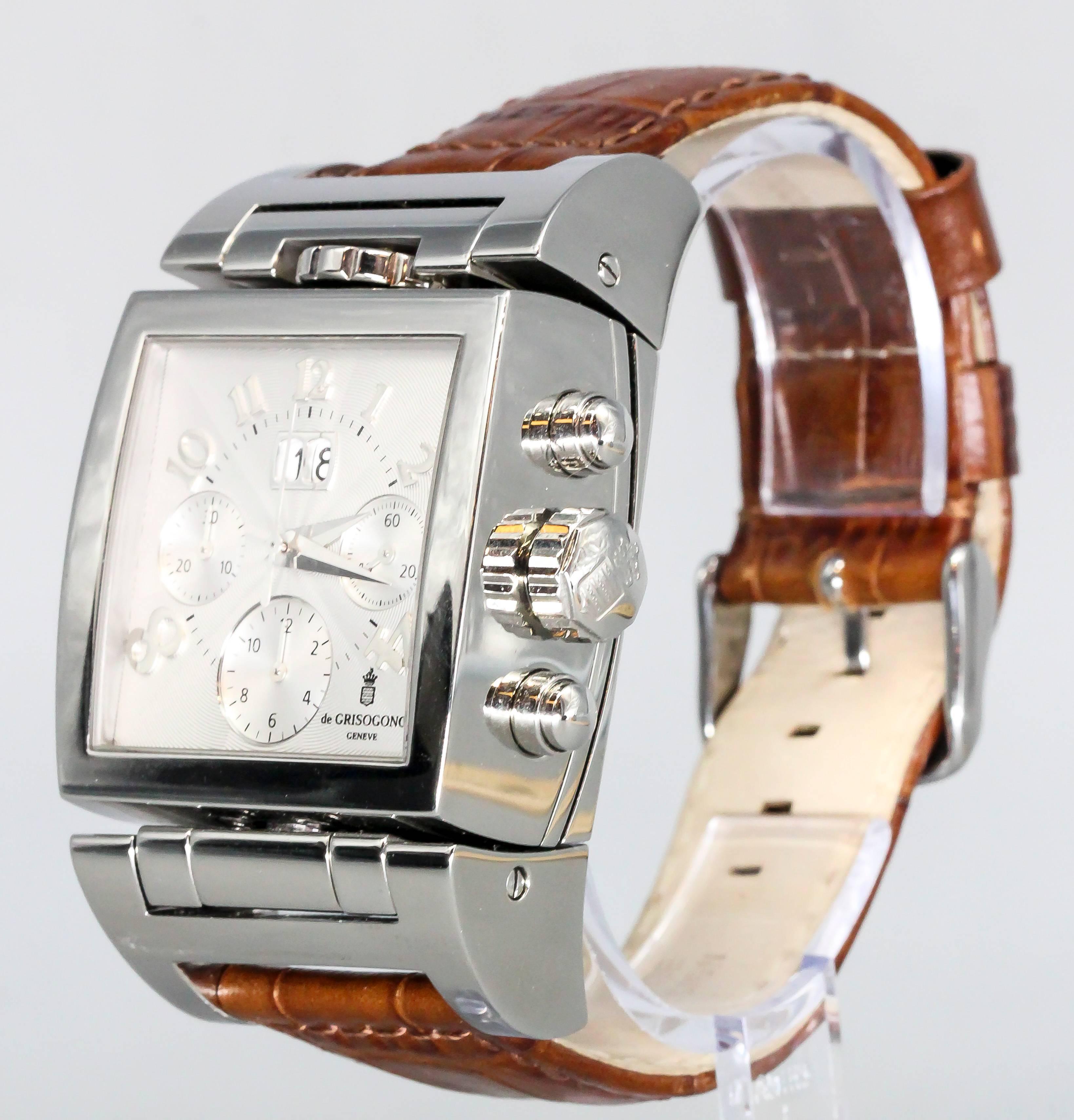 Contemporary De Grisogono Stainless Steel Instrumento Doppio Time Zone Chronograph Wristwatch