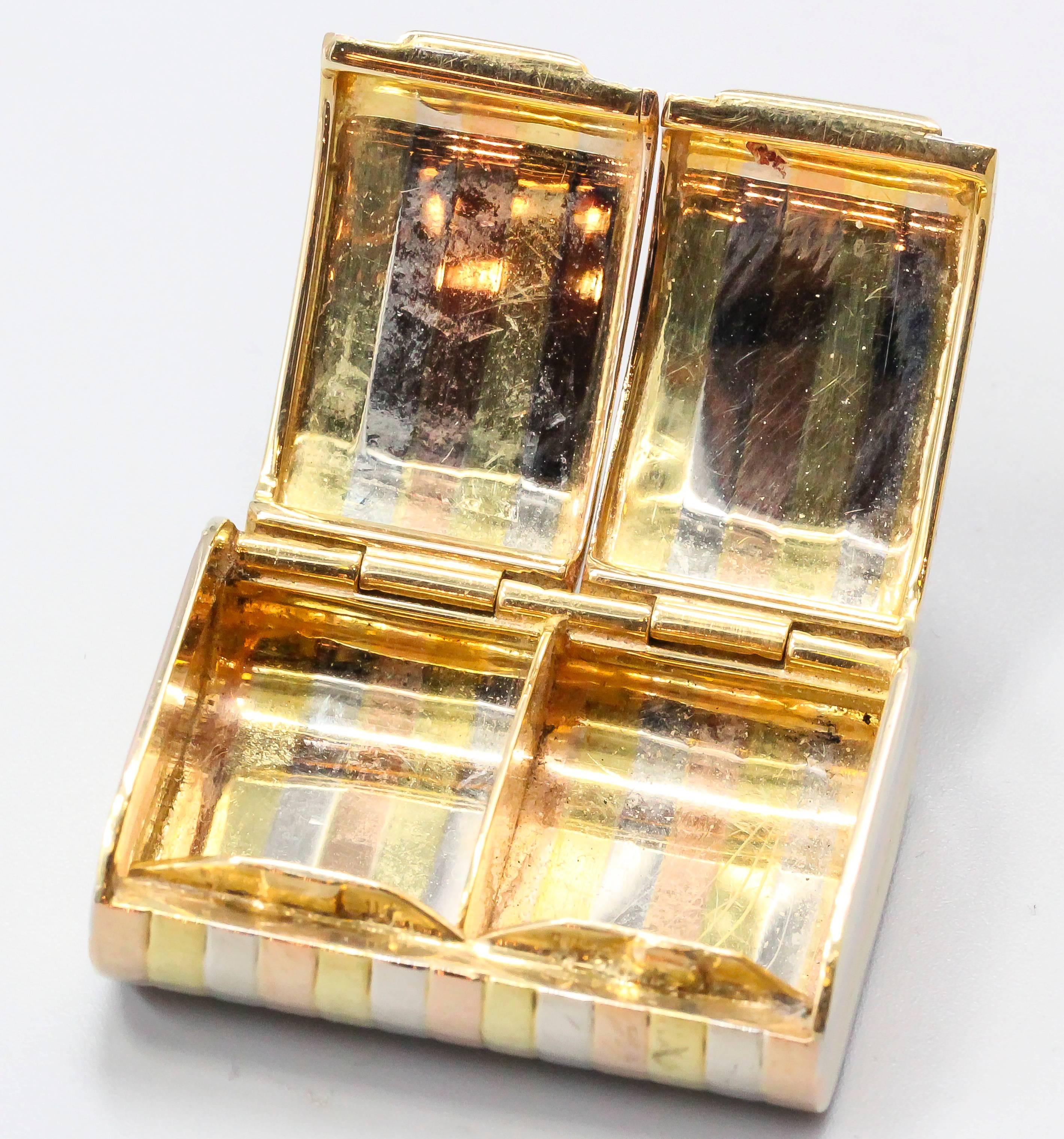 Triple Gold Dual Compartment Pill Box In Excellent Condition In New York, NY