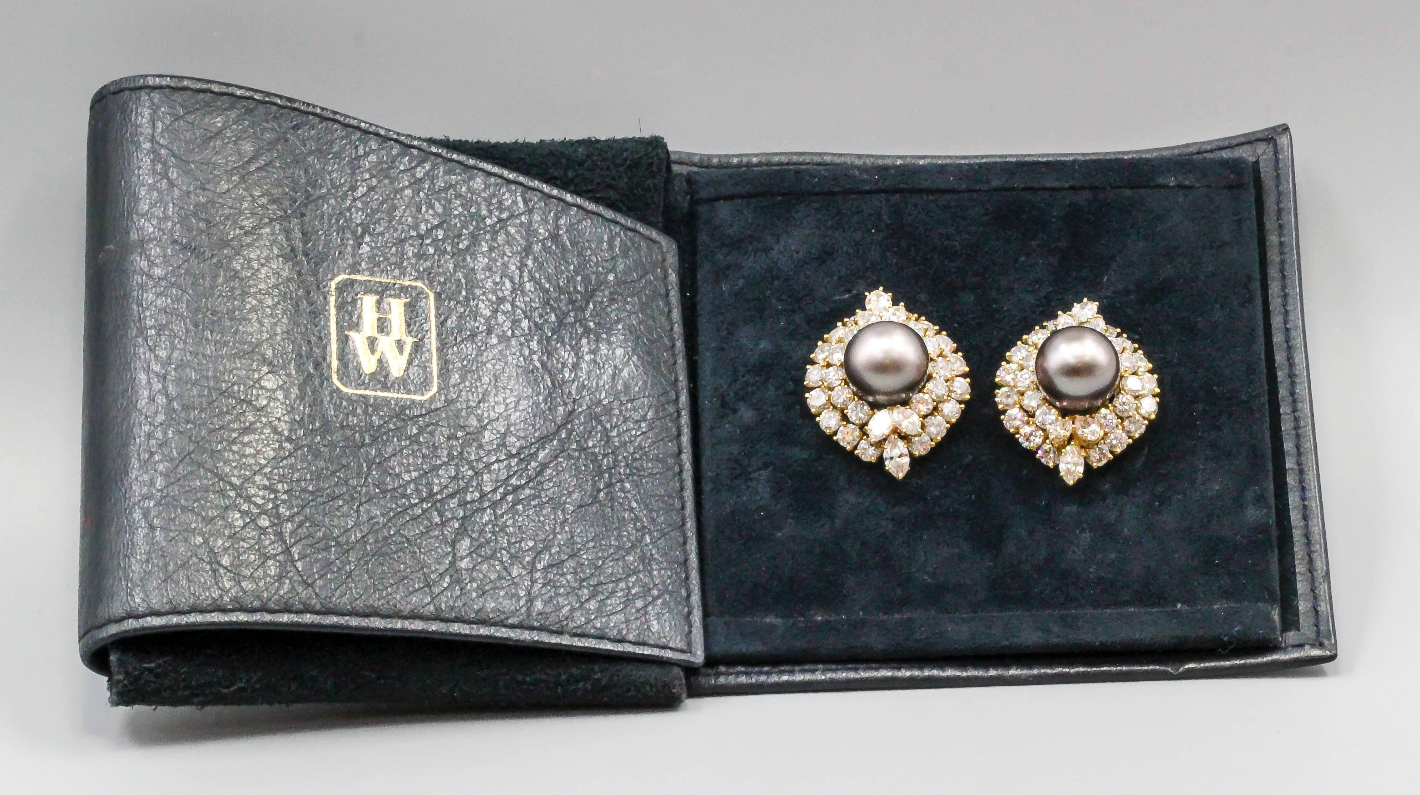 Harry Winston Black Cultured Pearl Diamond Gold Earrings 1