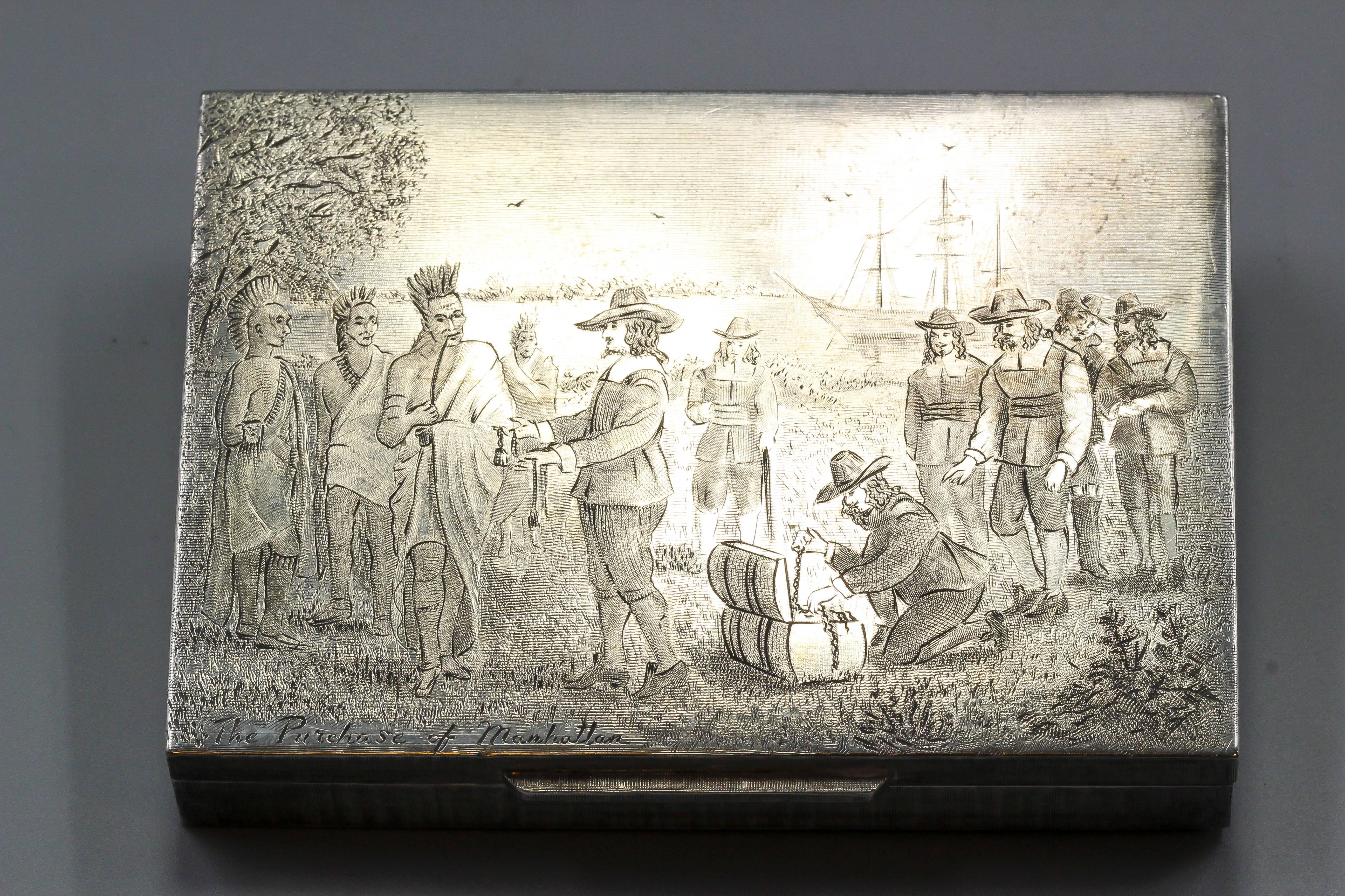 Highly ornate and unusual sterling silver box by Mario Buccellati, circa 1950s, depicting a scene on the front entitled 
