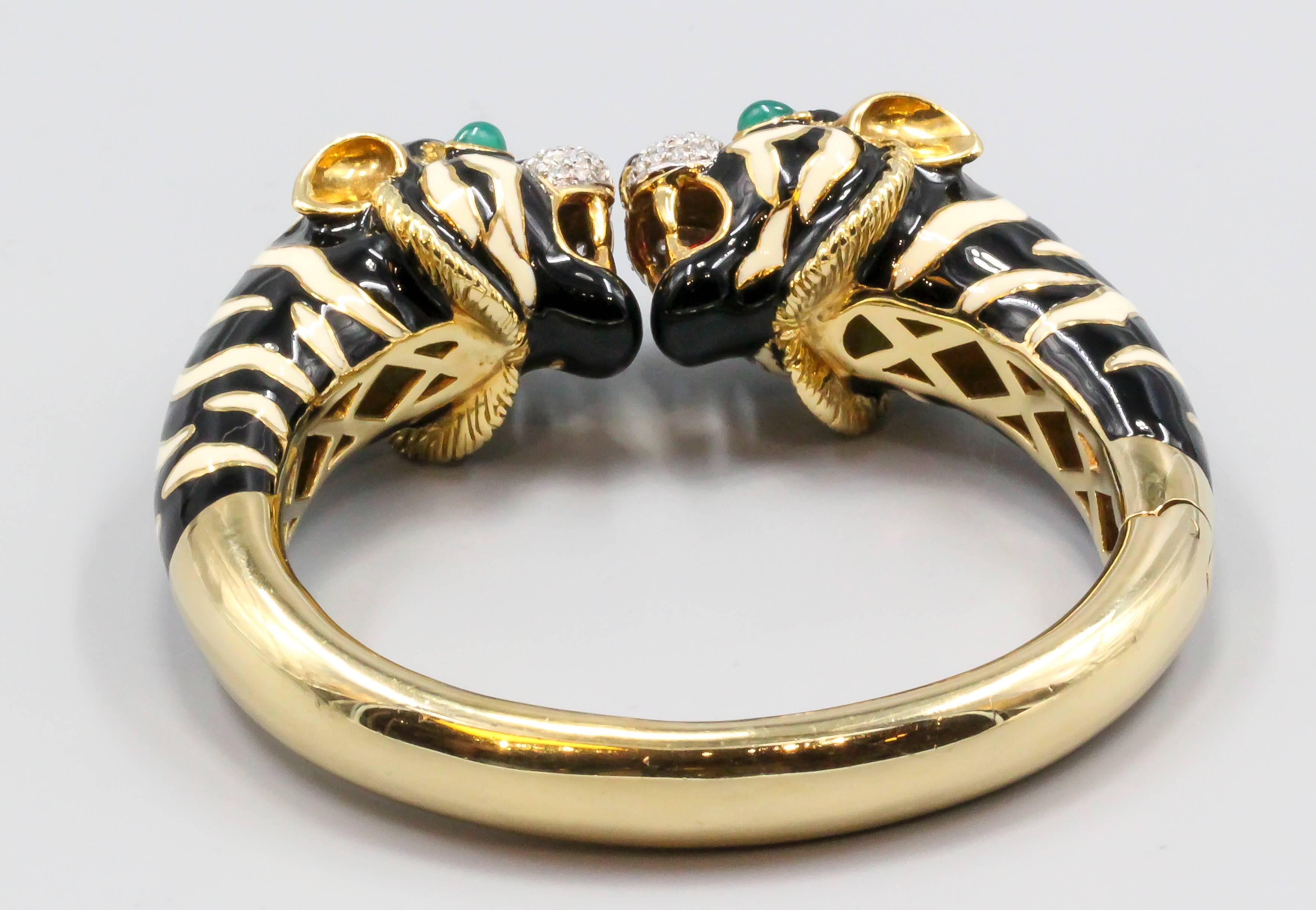 Women's Italian Enamel Emerald Diamond Gold Tiger Cuff Bracelet
