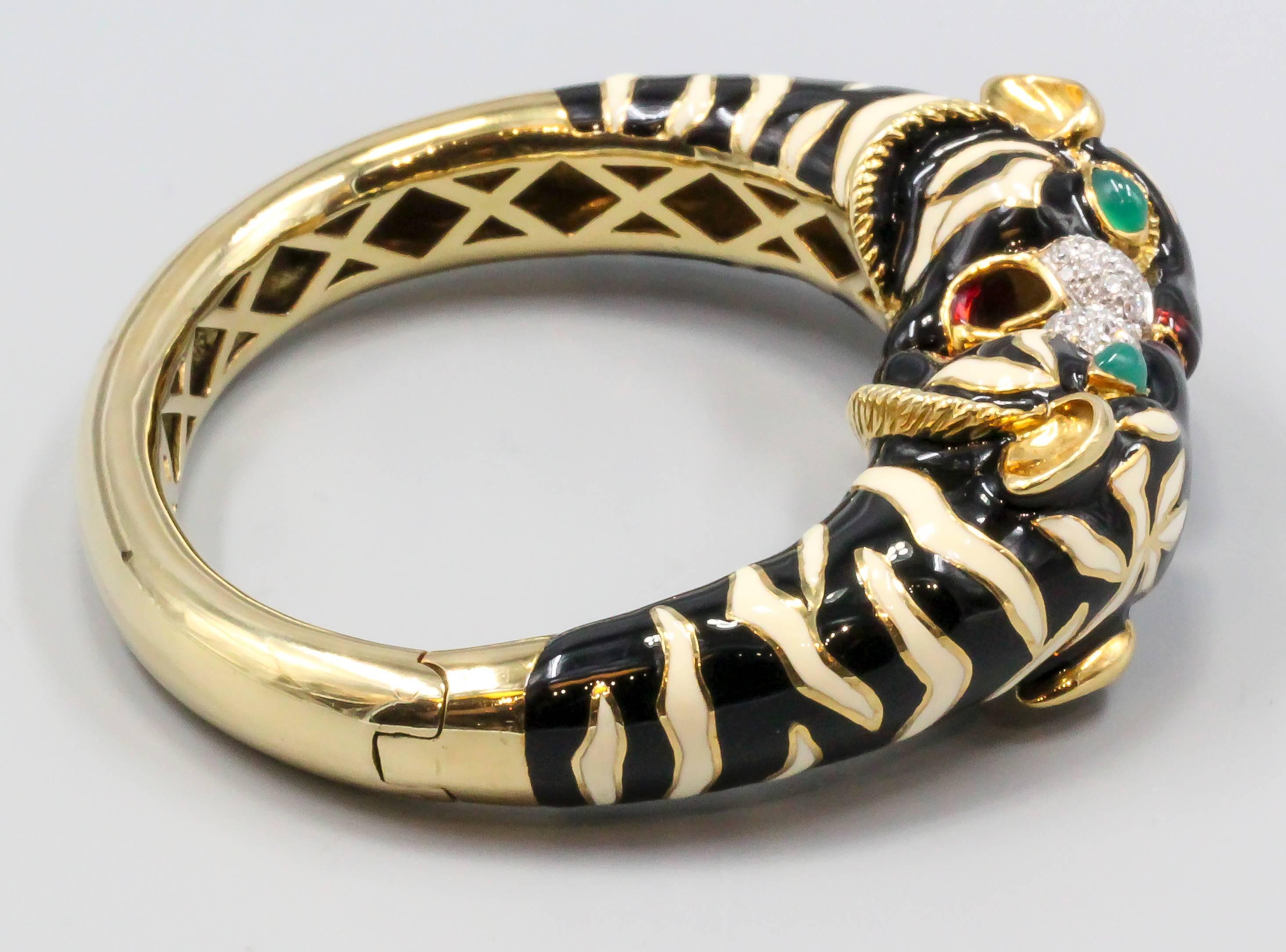 Italian Enamel Emerald Diamond Gold Tiger Cuff Bracelet 1
