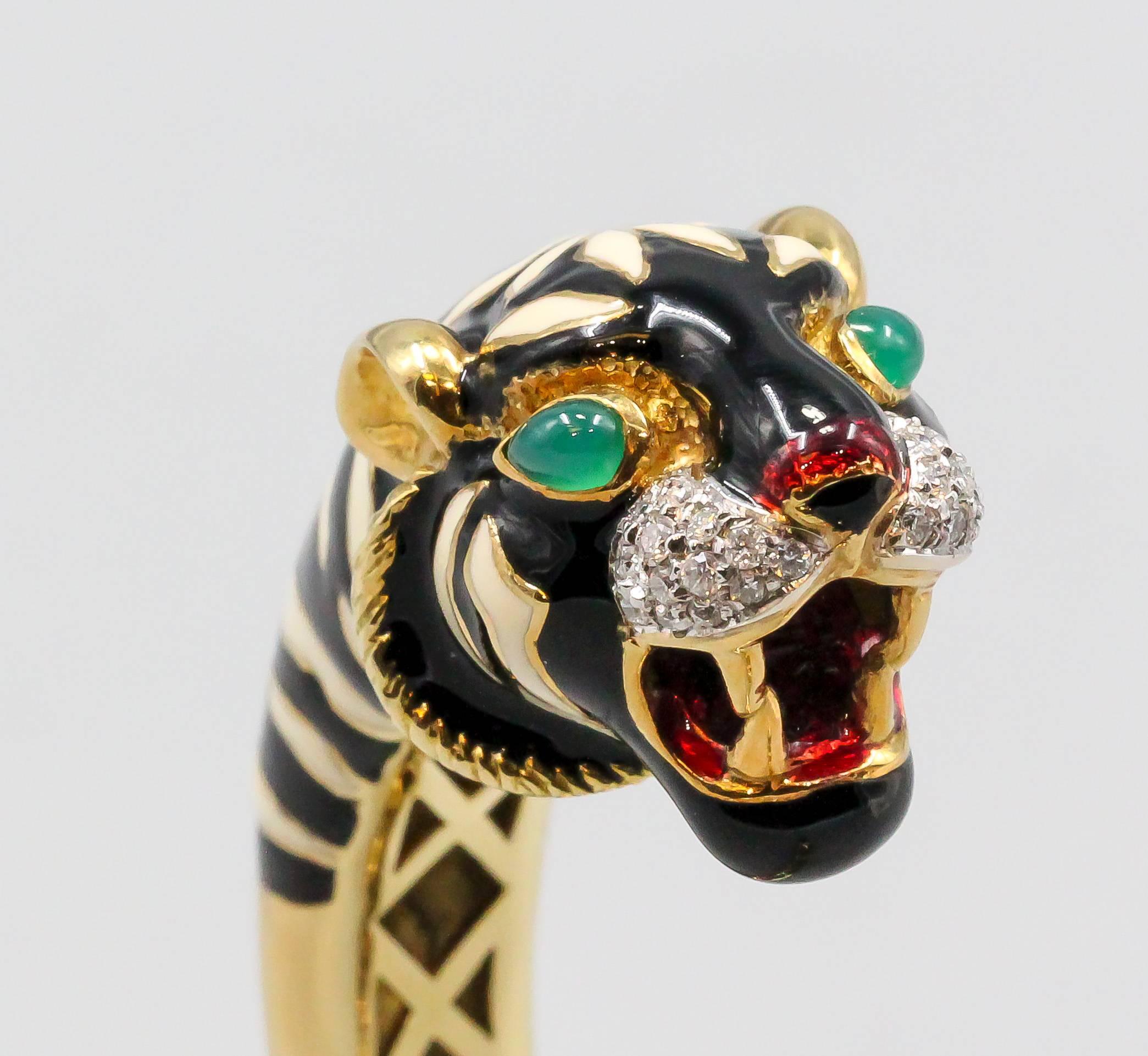 Italian Enamel Emerald Diamond Gold Tiger Cuff Bracelet 2