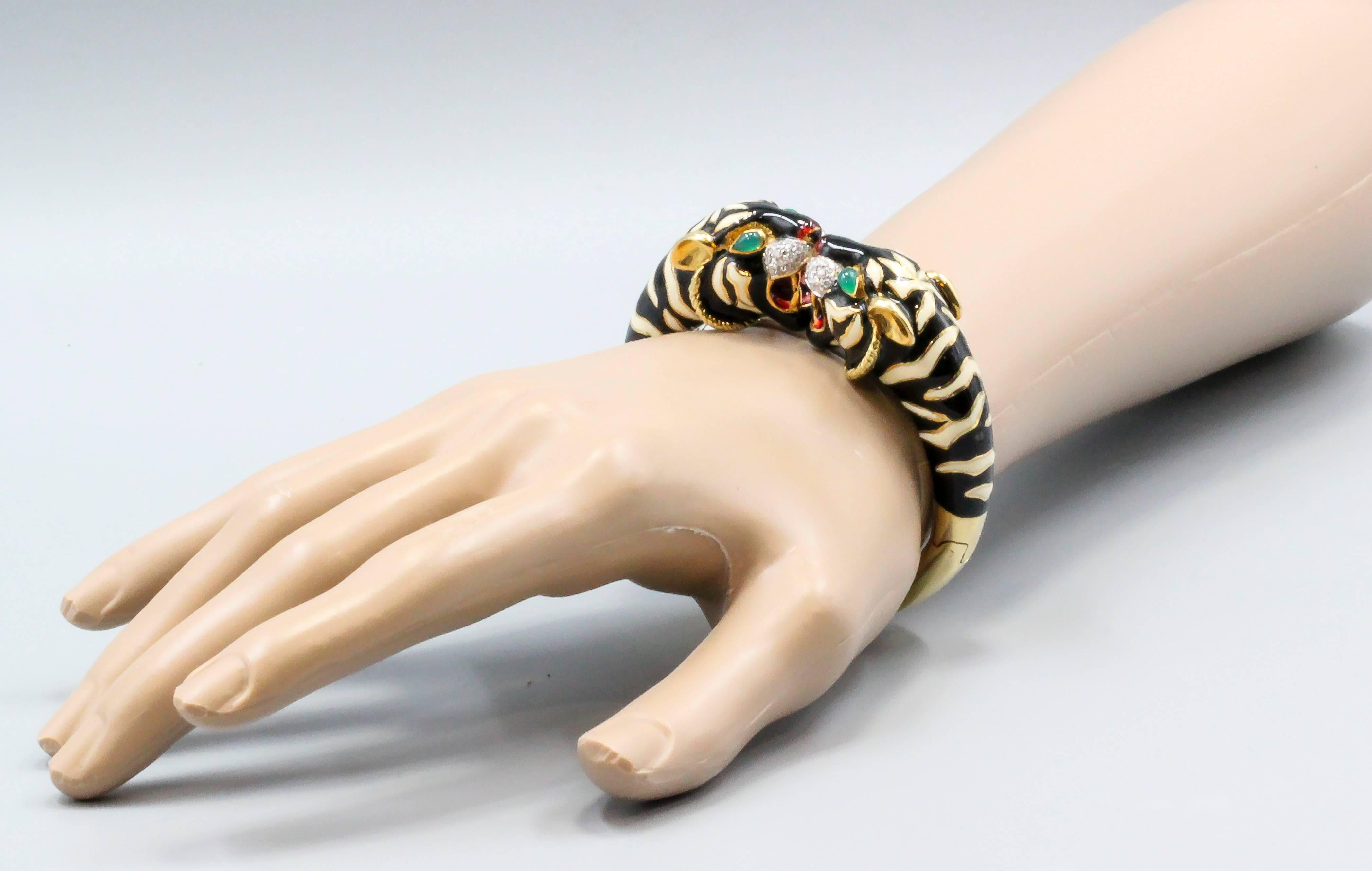 Italian Enamel Emerald Diamond Gold Tiger Cuff Bracelet 4