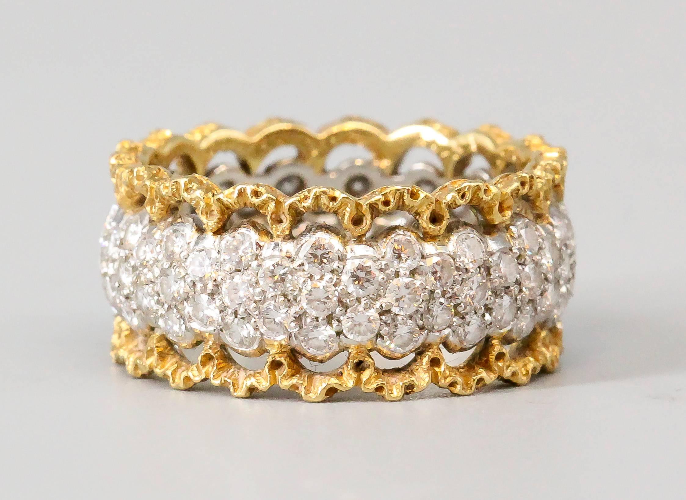 Timeless diamond, platinum and 18K yellow gold band from Buccellati. It features approx. 2.00 carats of high grade round brilliant cut diamonds throughout the middle , set in platinum, with 18K yellow gold rings on either side as per Buccellati's