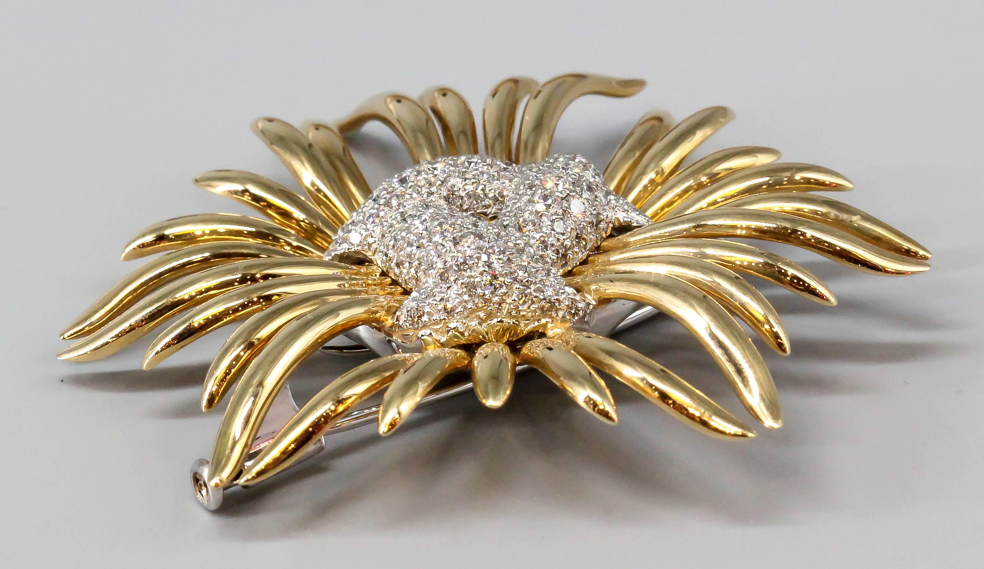 VERDURA Diamond  Gold Ray Brooch In Excellent Condition In New York, NY