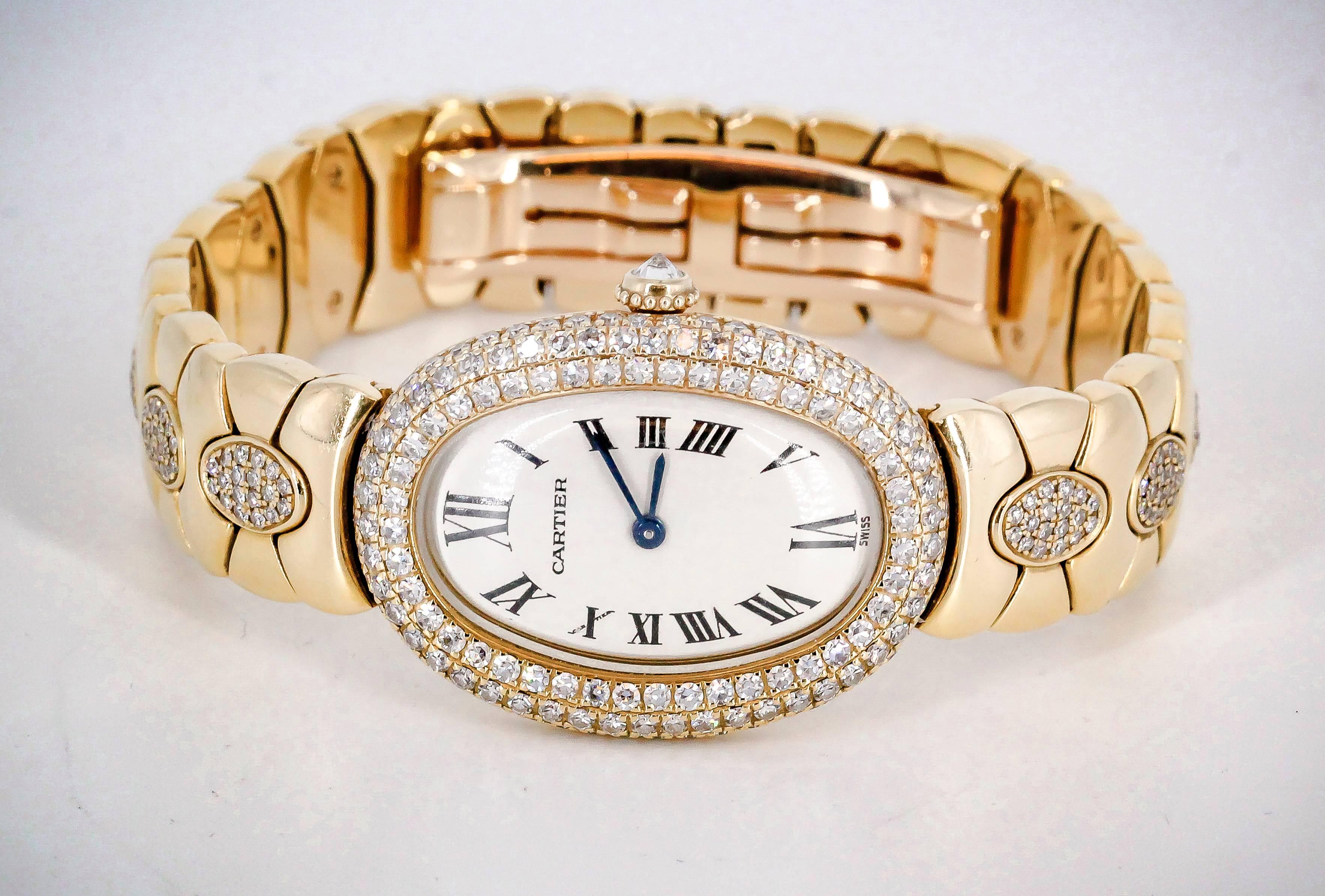 Women's Cartier Ladies Yellow Gold Diamond Baignoire Quartz Wristwatch