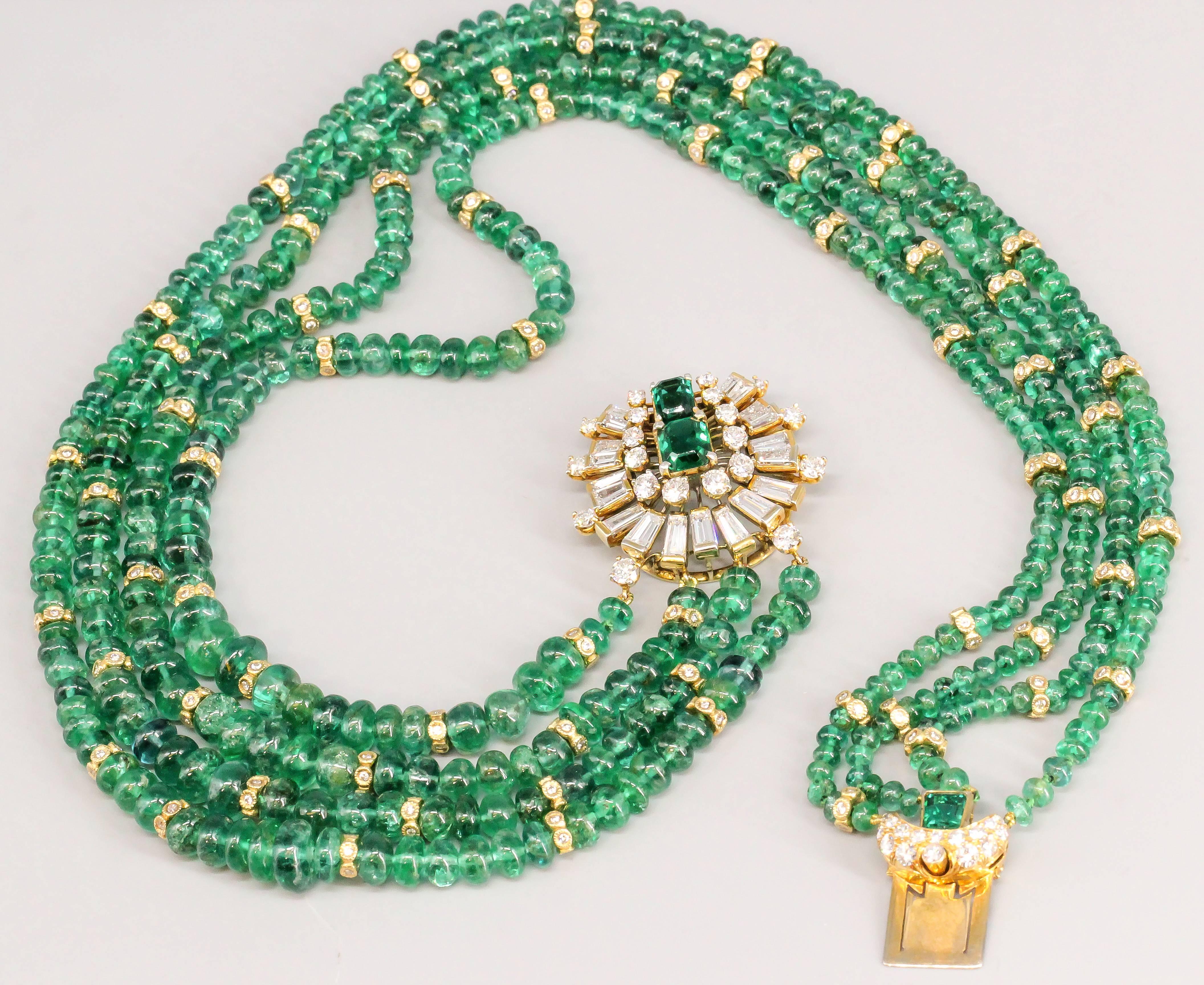 Elegant Emerald Diamond Gold Beaded Necklace In Good Condition In New York, NY