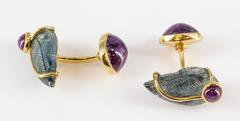 Seaman Schepps Ruby, Carved Aquamarine and Gold Cufflinks