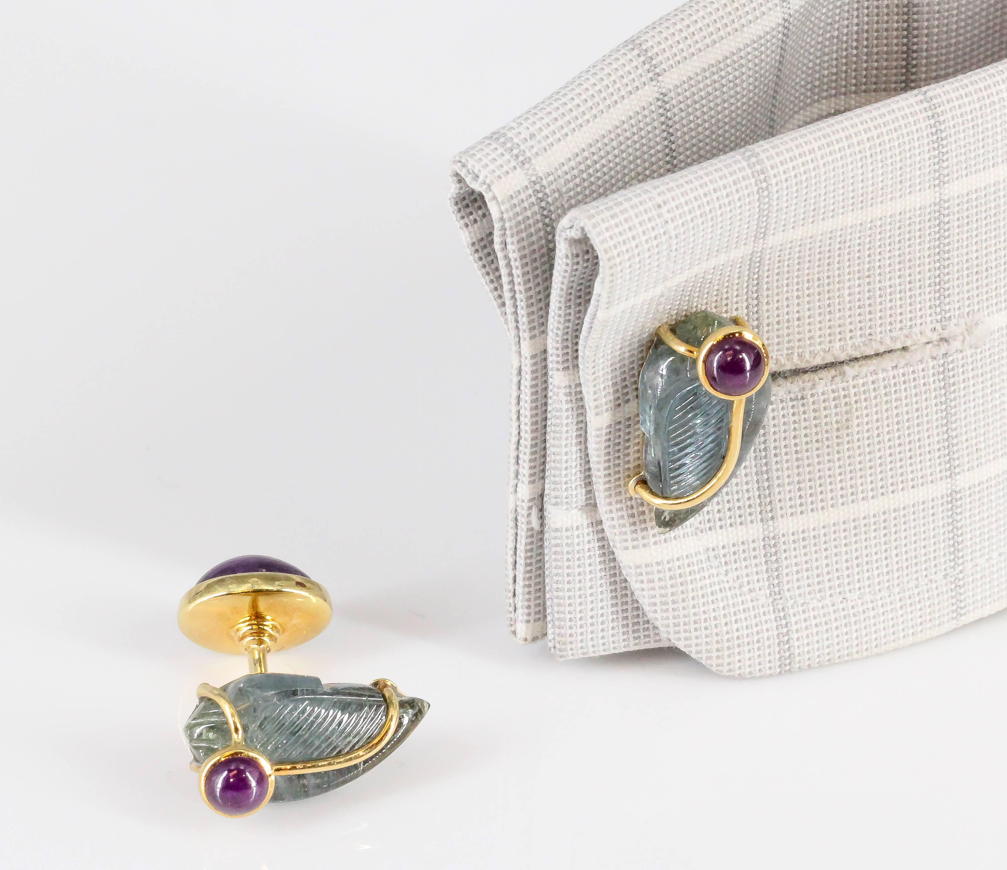 Seaman Schepps Ruby, Carved Aquamarine and Gold Cufflinks 2