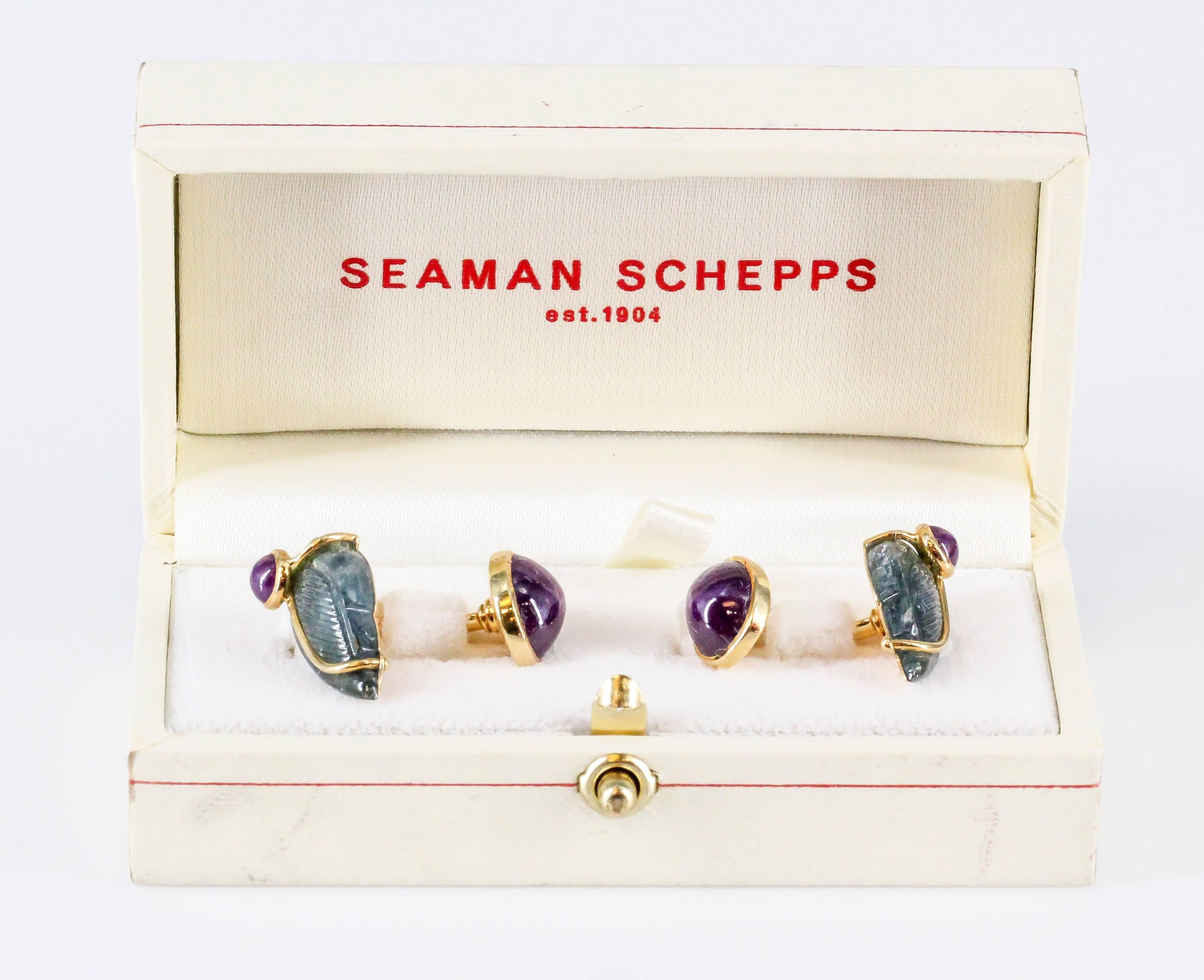 Seaman Schepps Ruby, Carved Aquamarine and Gold Cufflinks 3