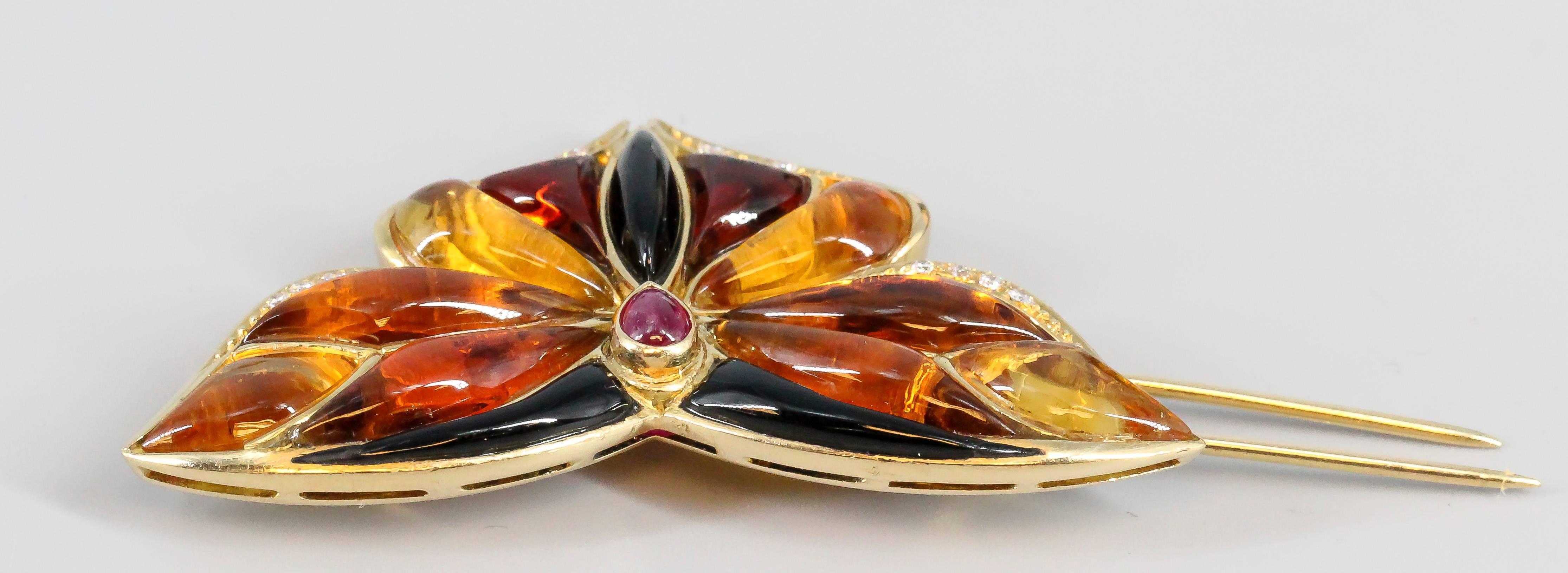 Bulgari Ruby Onyx Citrine Diamond Gold Butterfly Brooch 2