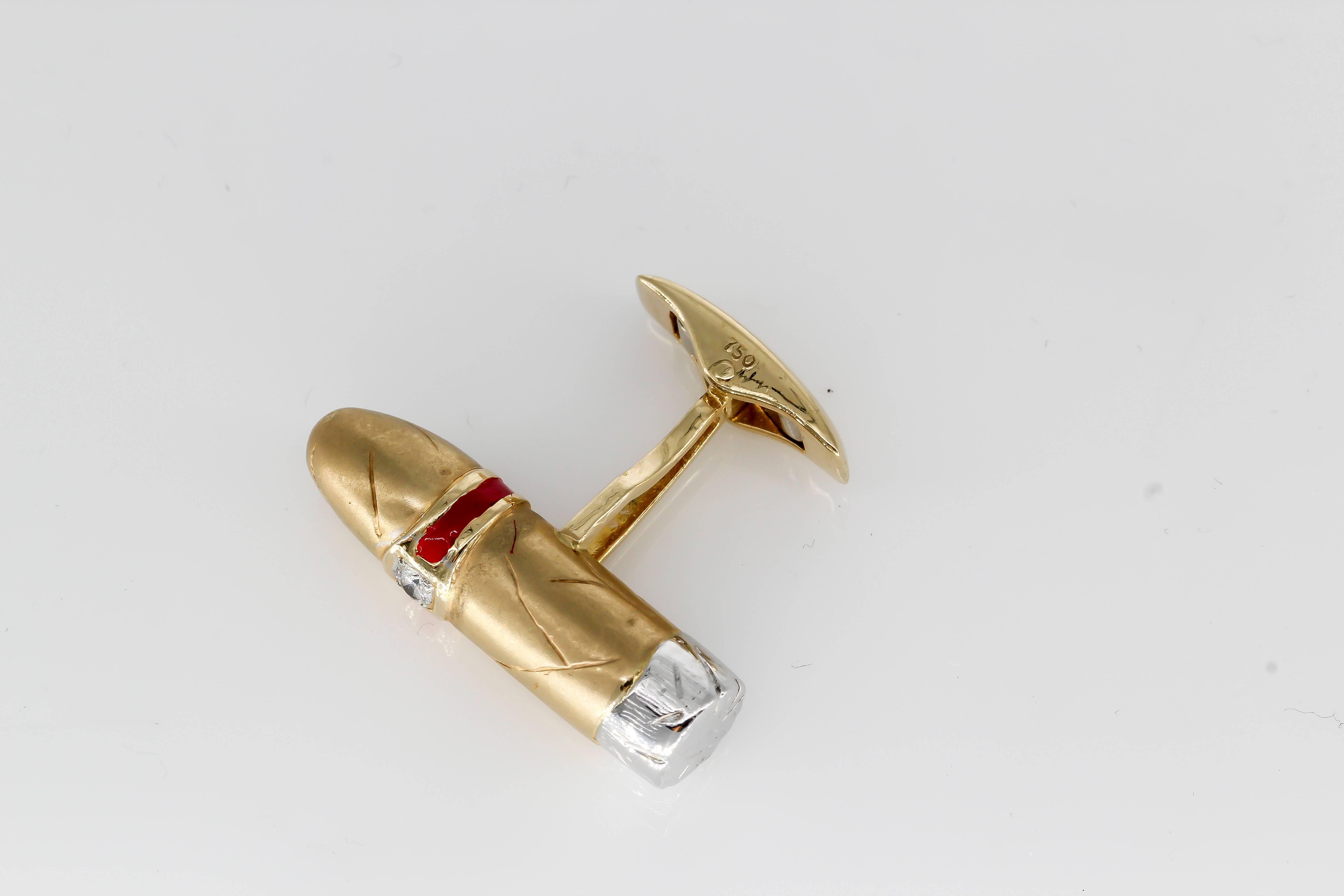Cigar Shaped Enamel Diamond Gold Cufflinks In Excellent Condition For Sale In New York, NY