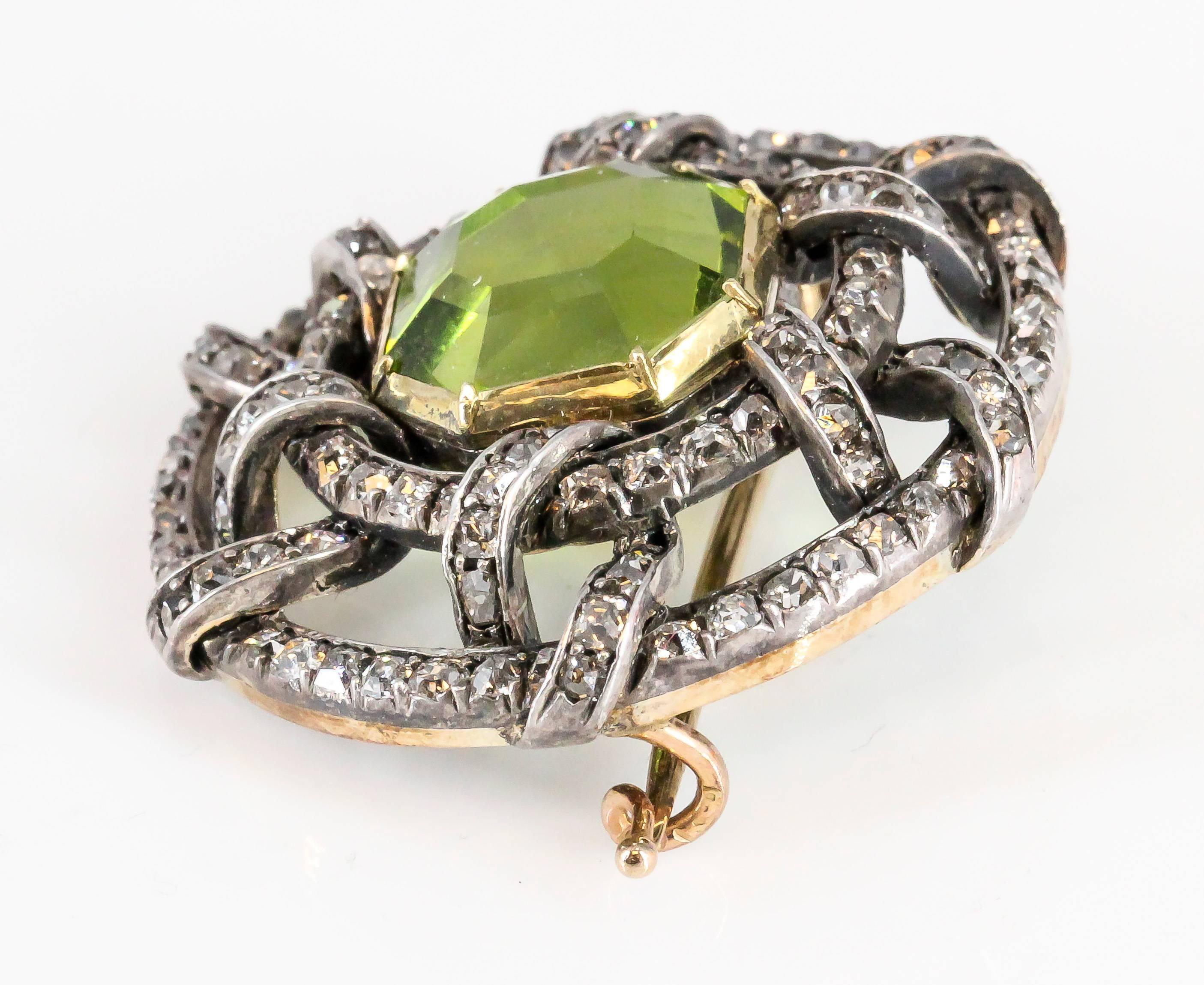 Carl Faberge Peridot Diamond Gold Brooch In Excellent Condition In New York, NY