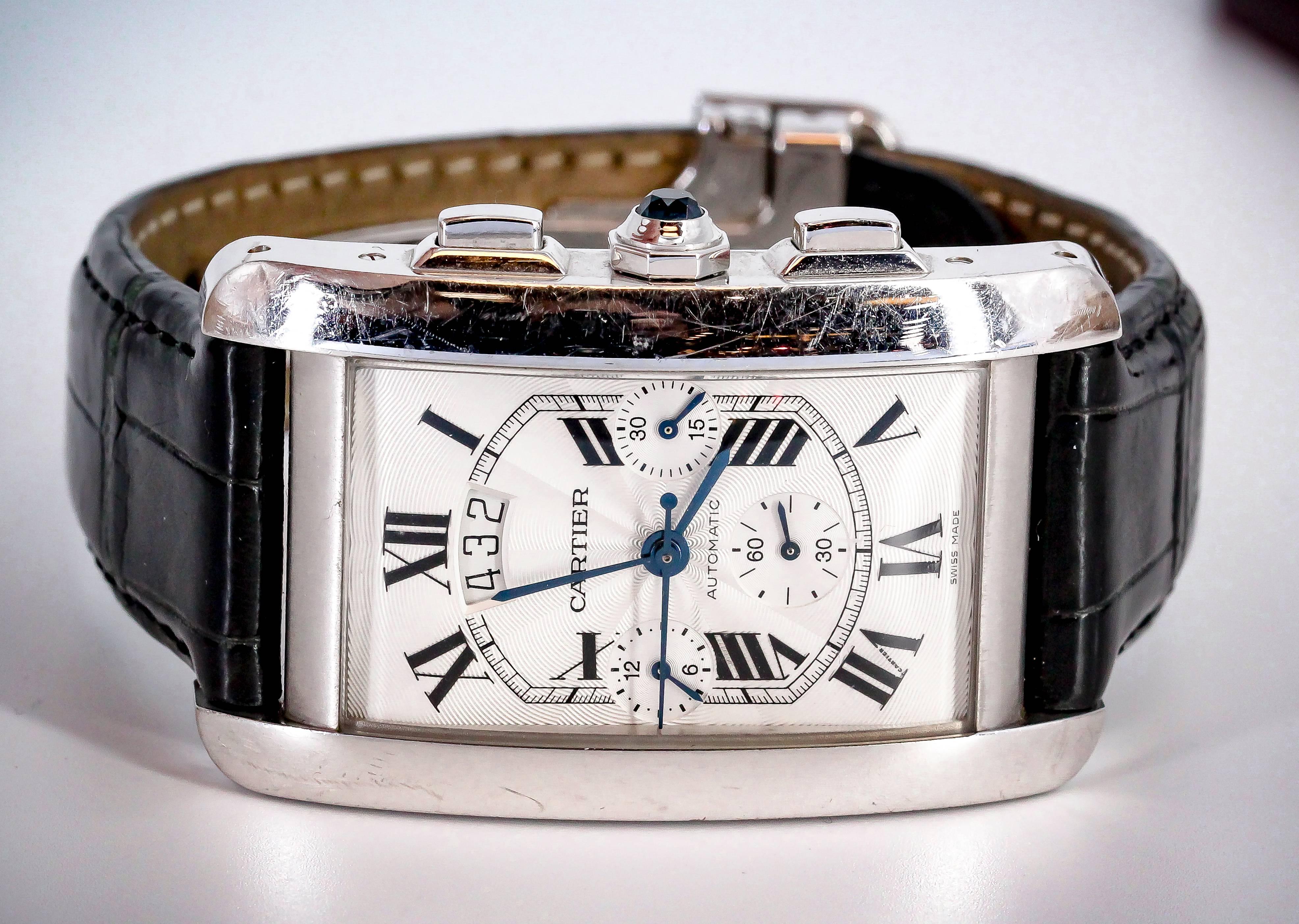 Men's Cartier White Gold Tank Americaine Chronograph Wristwatch