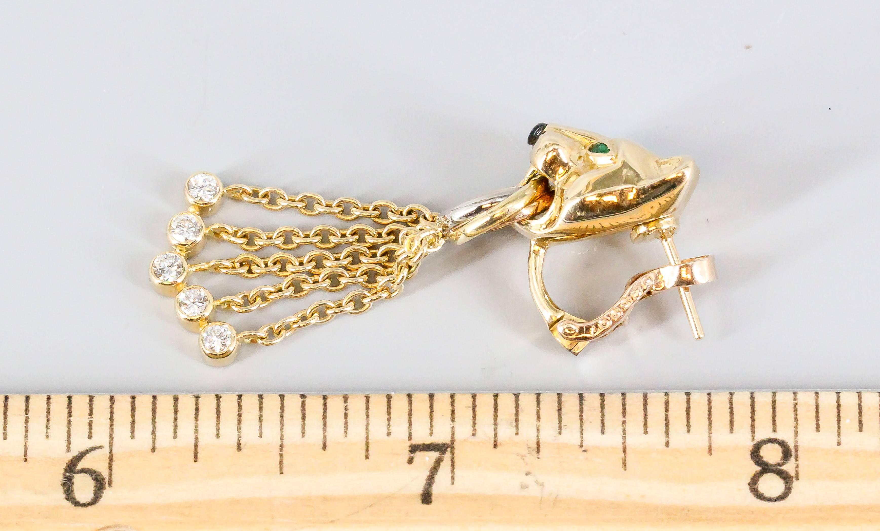 CARTIER Panther Diamond Emerald Onyx  Yellow Gold Earrings In Excellent Condition In New York, NY