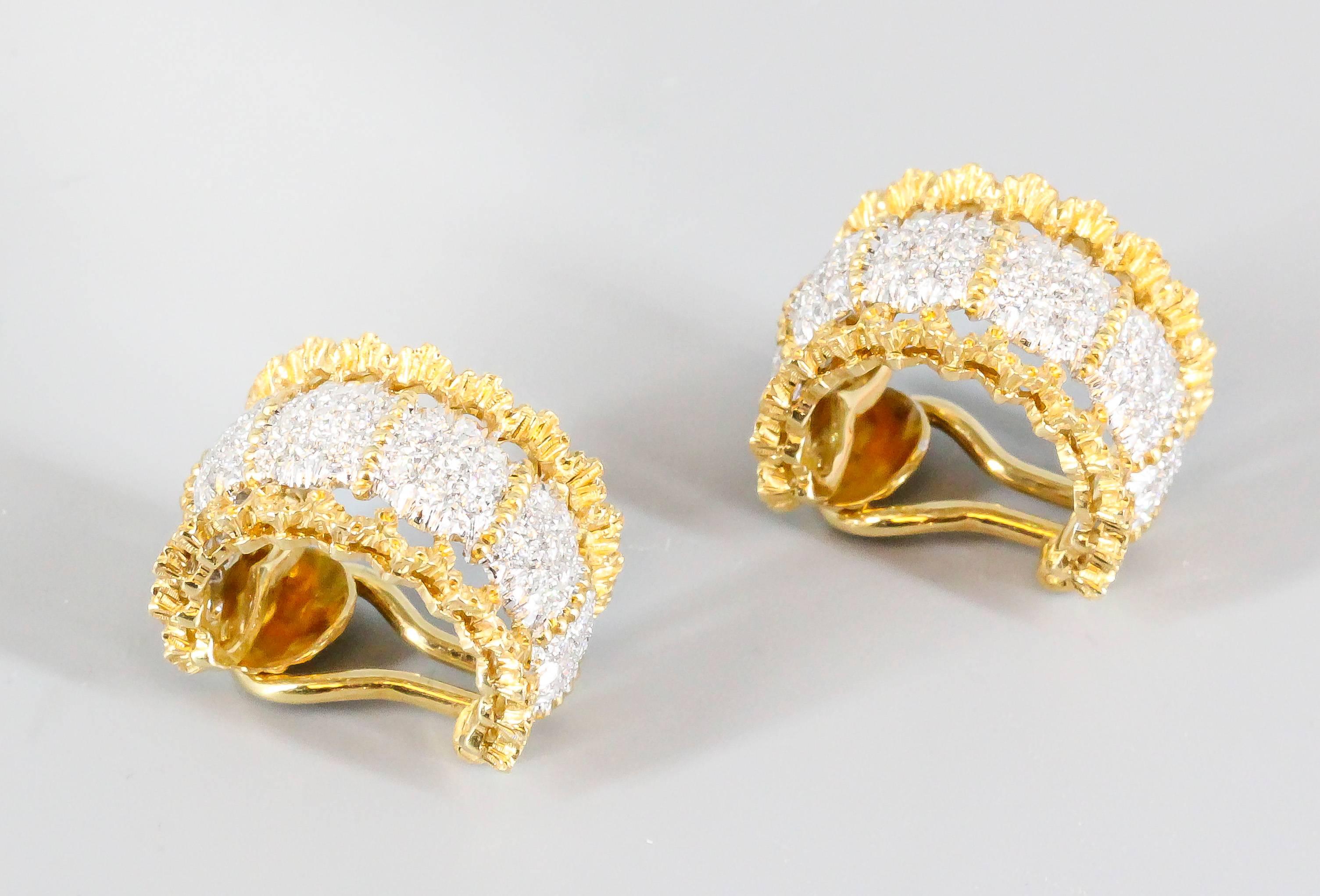 Buccellati Pave Diamond White and Yellow Gold Ear Clips In Excellent Condition In New York, NY