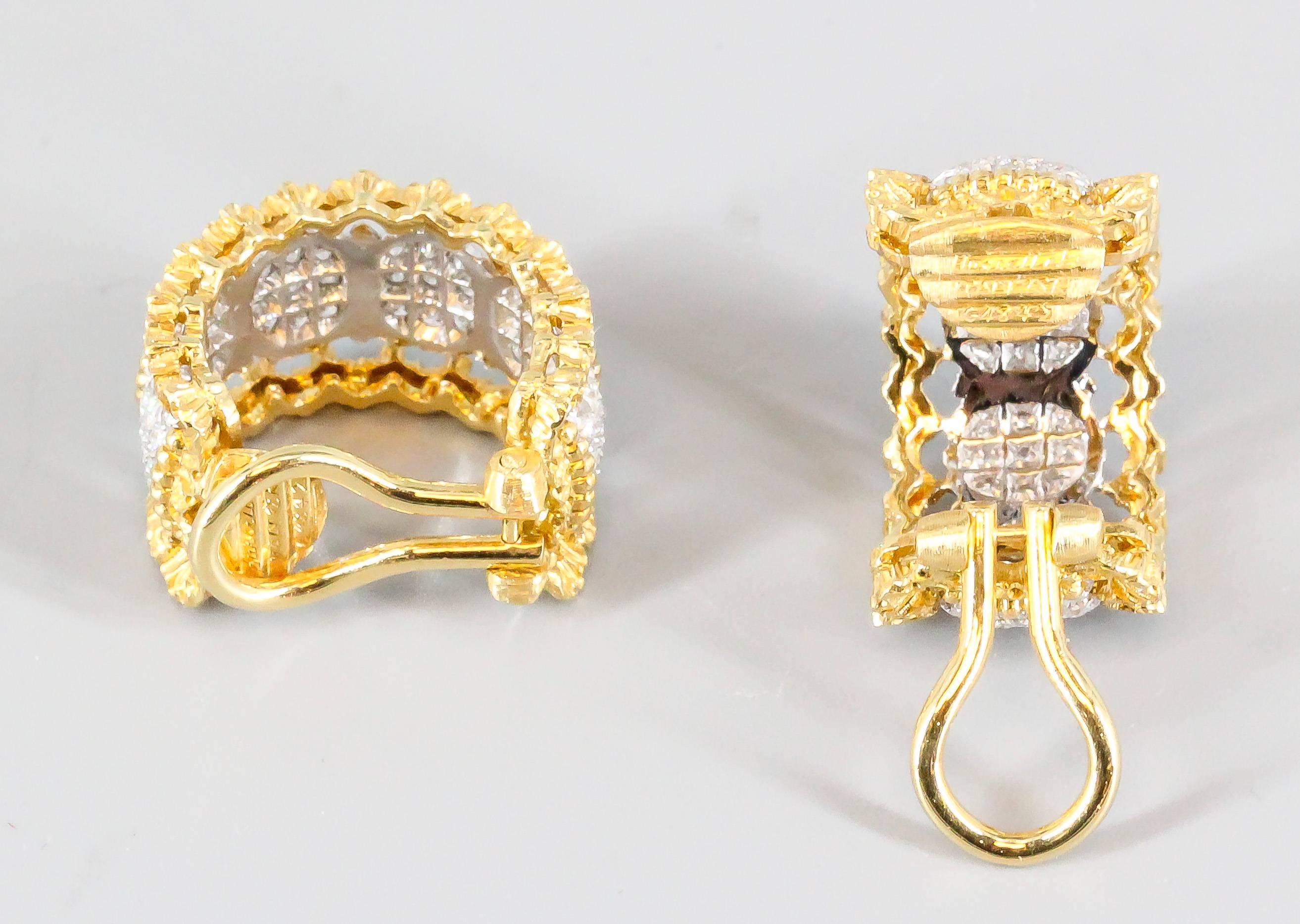 Women's Buccellati Pave Diamond White and Yellow Gold Ear Clips