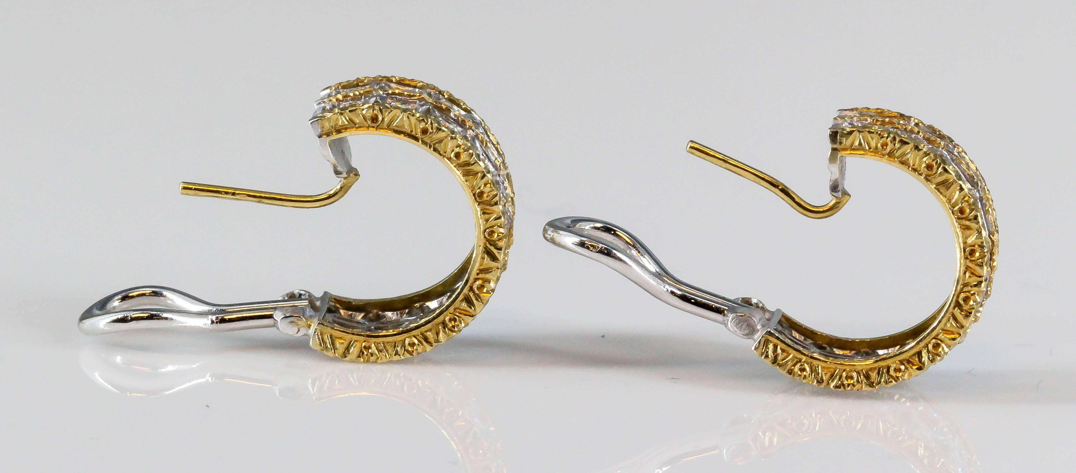 Gorgeous two row diamond and 18K white and yellow gold ear clips by Mario Buccellati. They feature two rows of high grade round brilliant cut diamonds. Beautiful intricate workmanship customary to Buccellati. Easy to wear and very