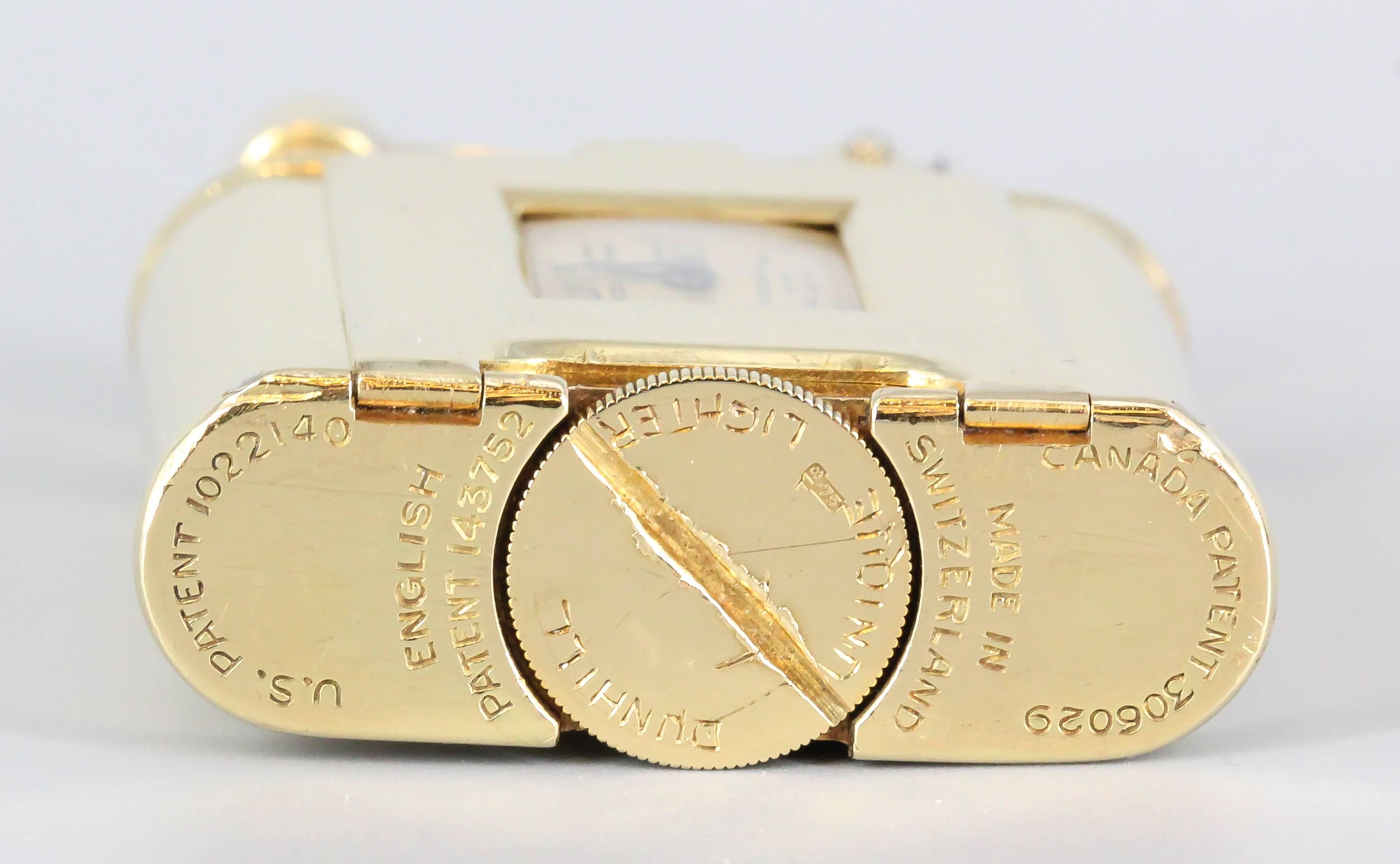 Rare 18K yellow gold lighter watch by Dunhill, circa 1940s. Unusual to find these in 18k gold. Watch is 15 jewels, manual wind. Case numbers all match. A very fine example and very collectible.

Hallmarks: Dunhill Unique Lighter, Made in