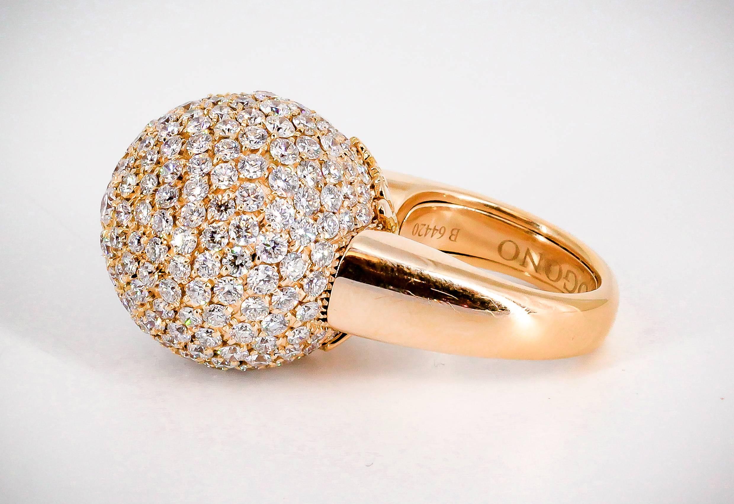 Bold diamond and 18K rose gold dome ring by De Grisogono. It features high grade round brilliant cut diamonds throughout the dome, approx. 9.0cts total weight. Beautifully made and impressive worn alone or stacked with another like ring as shown in