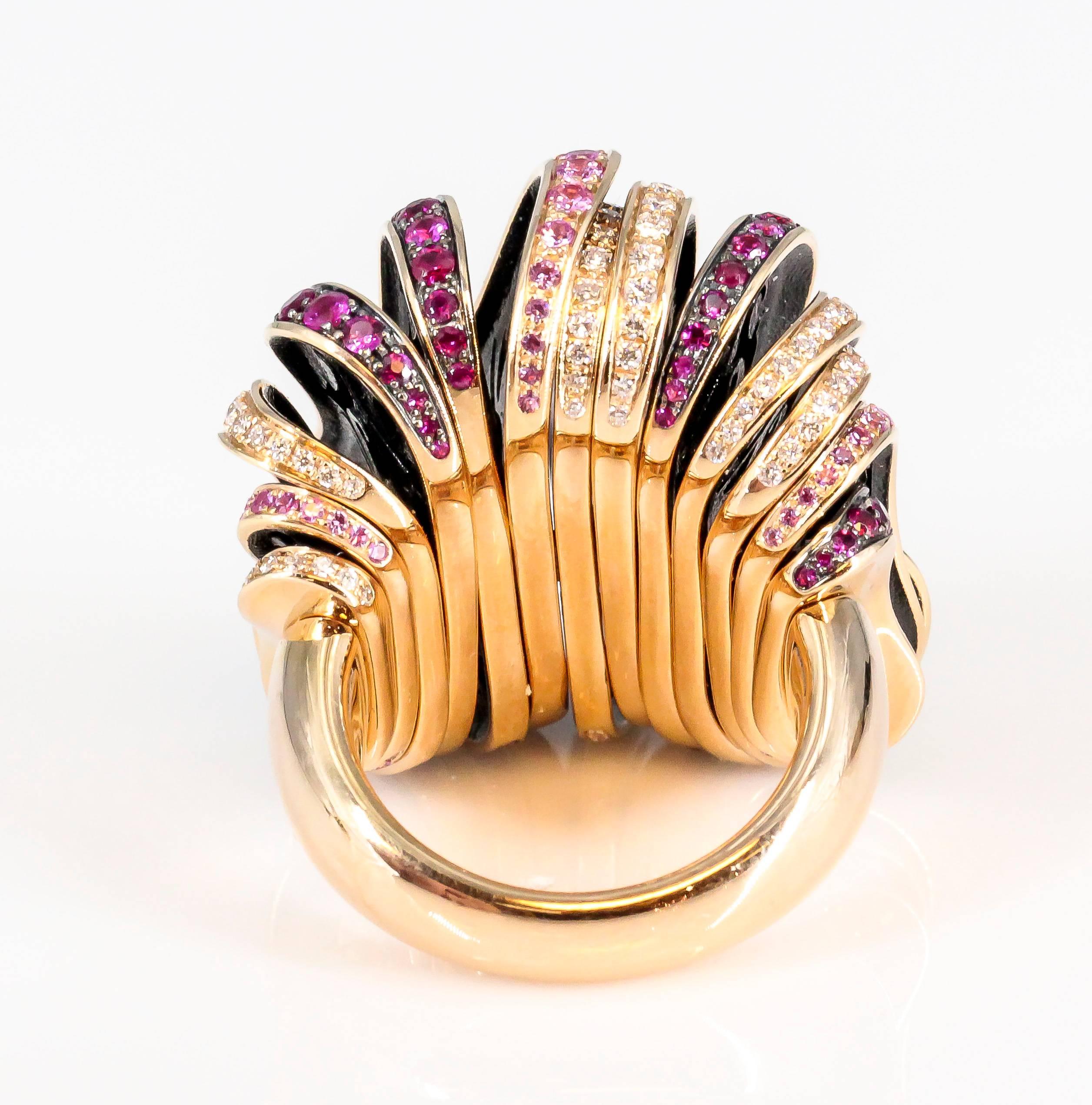 De Grisogono Pink Sapphire Red Ruby Diamond Rose Gold Fashion Ring In Excellent Condition In New York, NY