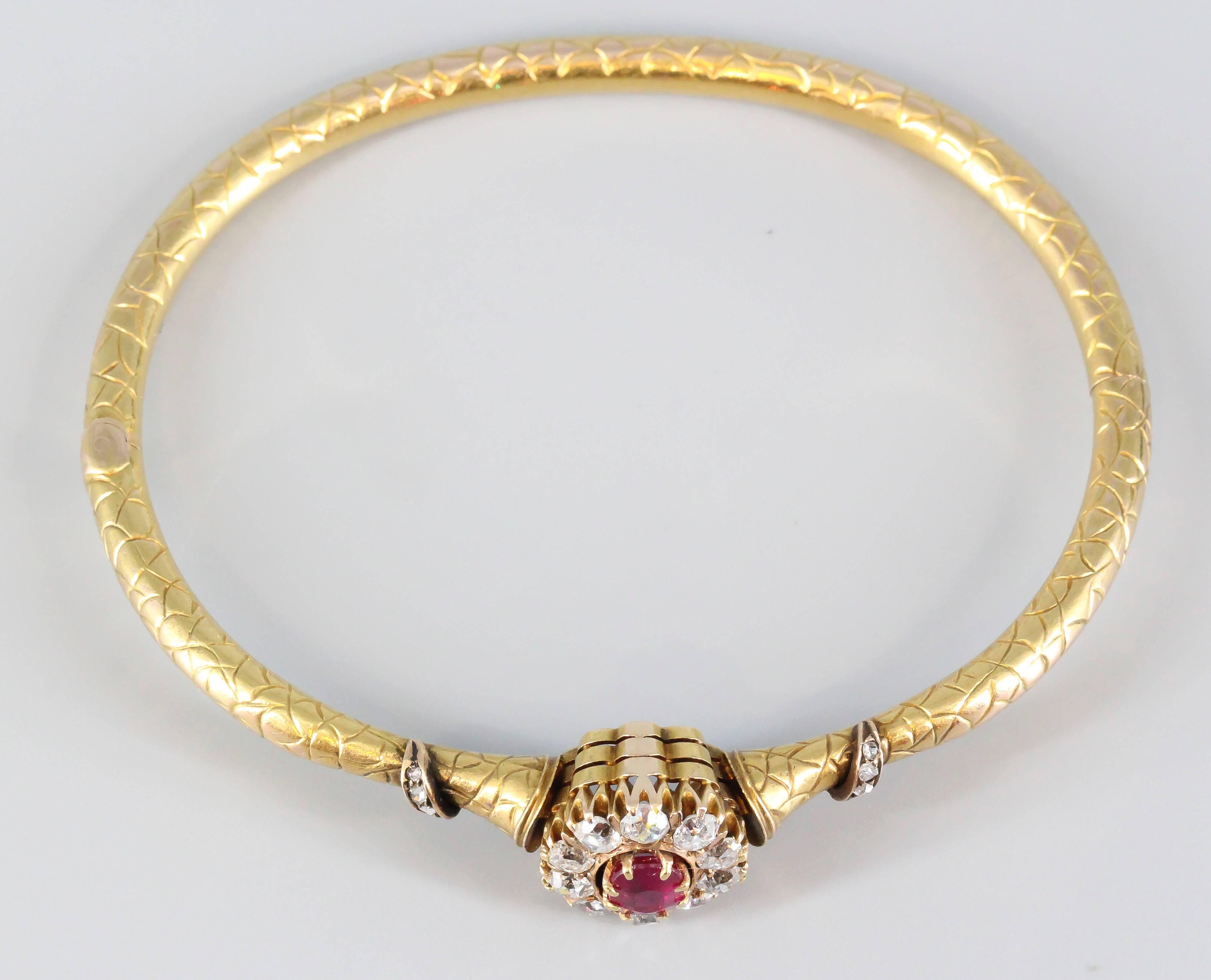 Faberge Edwardian Ruby Diamond Gold Bangle Bracelet In Excellent Condition In New York, NY