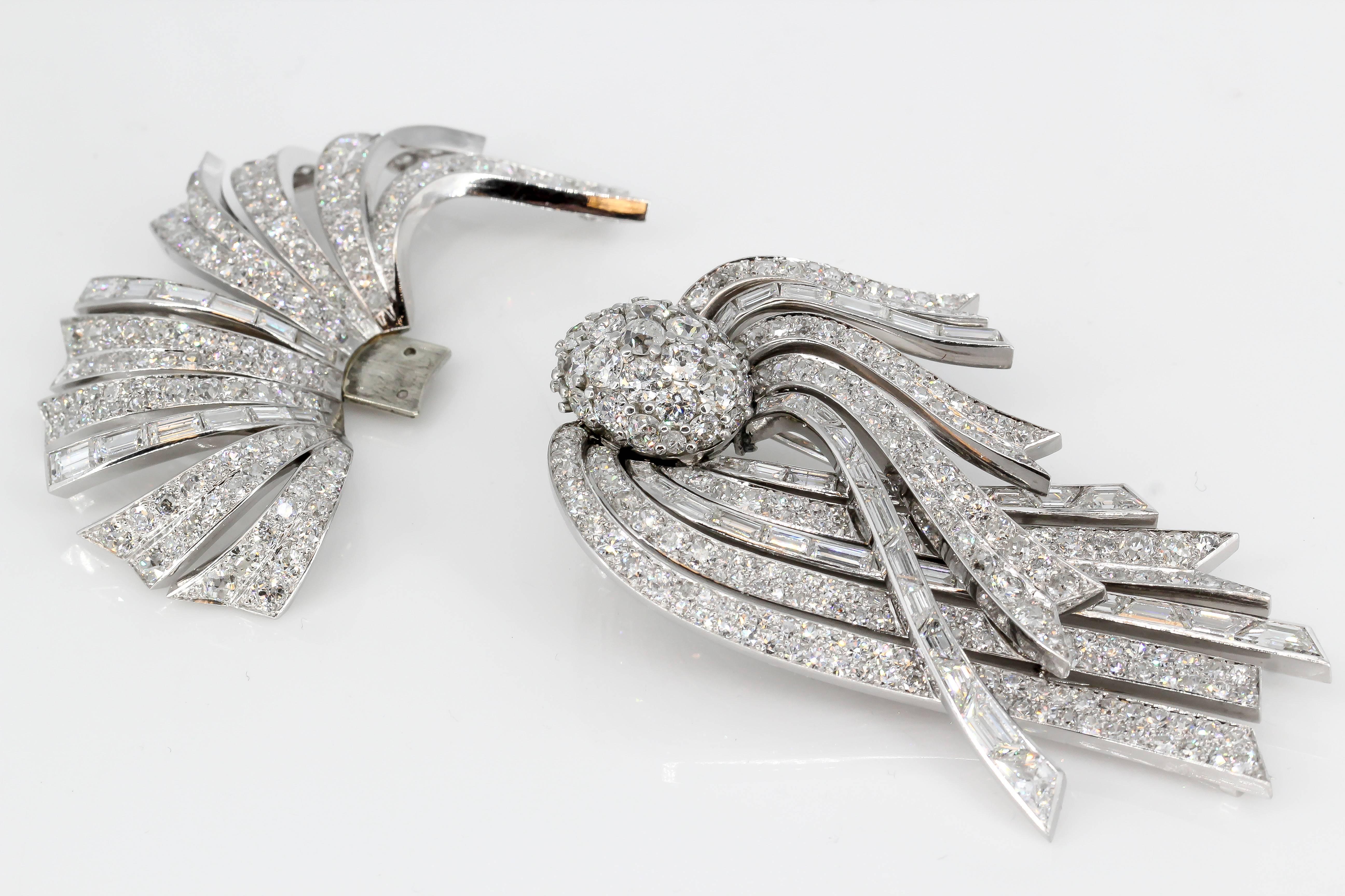 Impressive diamond, platinum and 18K white gold large traveling brooch by Lacloche Paris, circa 1920s. This is a one piece brooch that can be separated into two pieces for day or night wear, commonly referred to as "traveling jewelry".