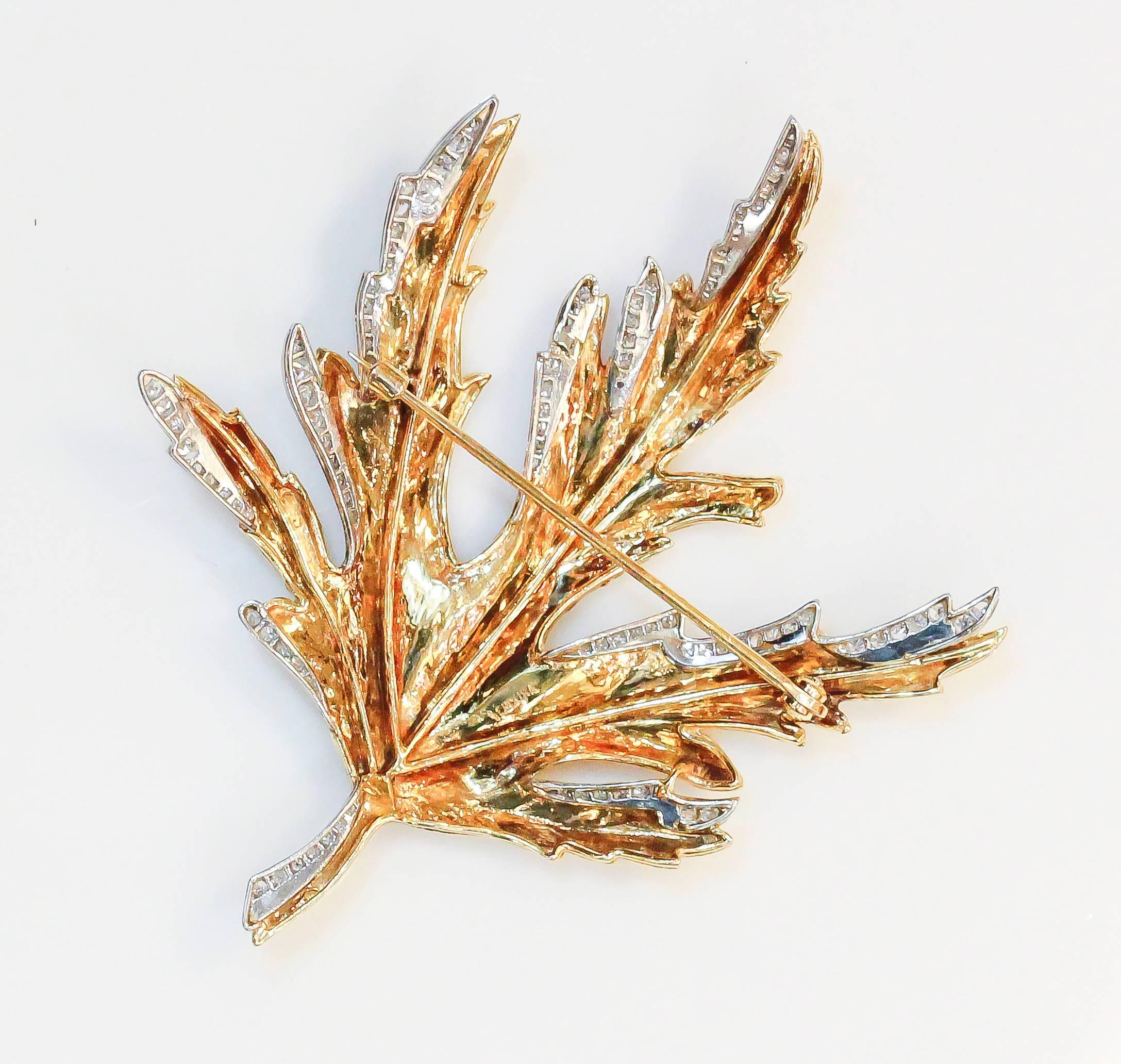 Elegant diamond, platinum and 18K yellow gold brooch by Verdura, circa 1970s. It resembles an oak leaf, adorned with high grade round cut diamonds. Beautifully made and easy to wear.

Hallmarks: Verdura