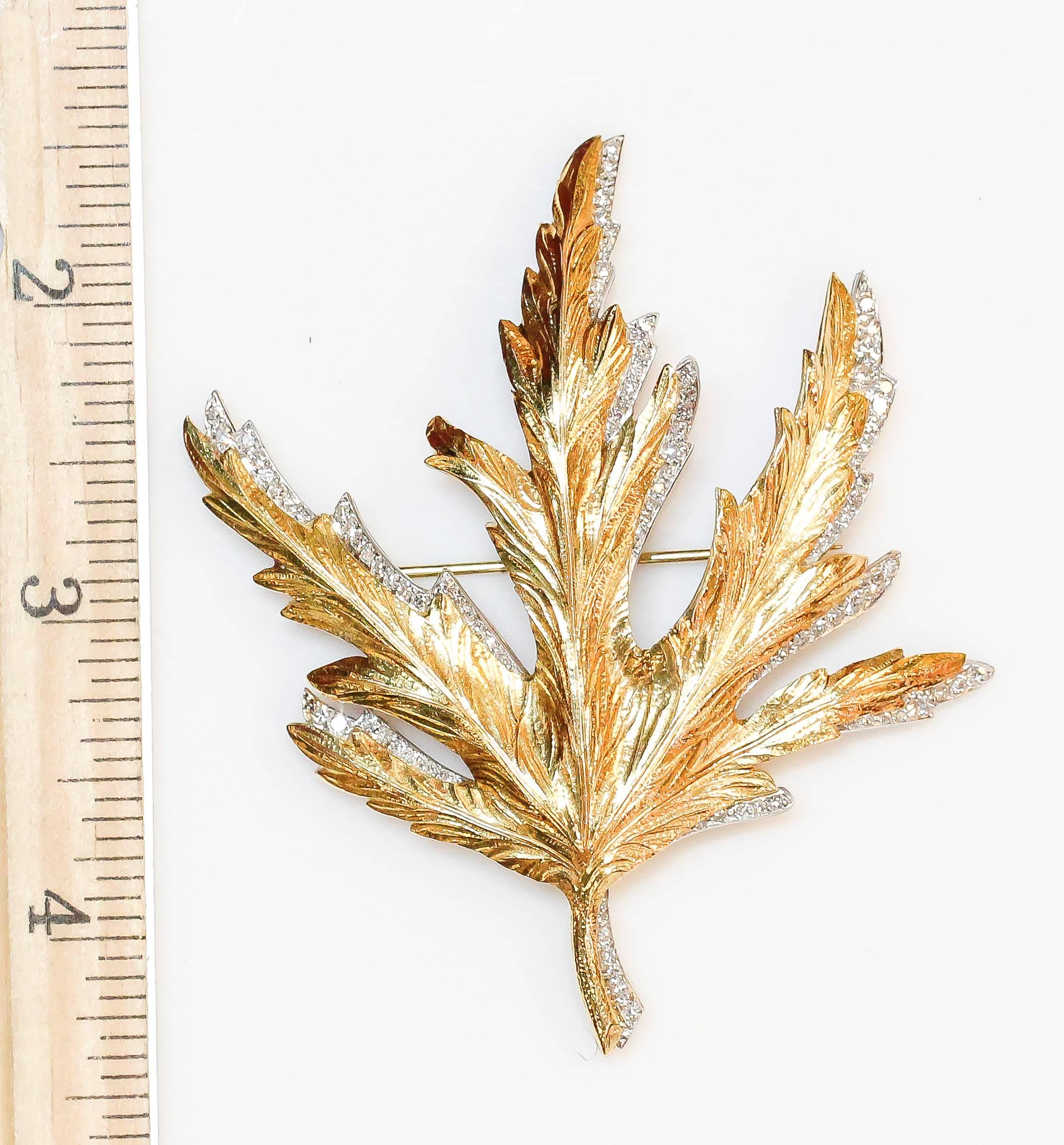 Verdura Diamond Yellow Gold Platinum Oak Leaf Brooch In Excellent Condition In New York, NY