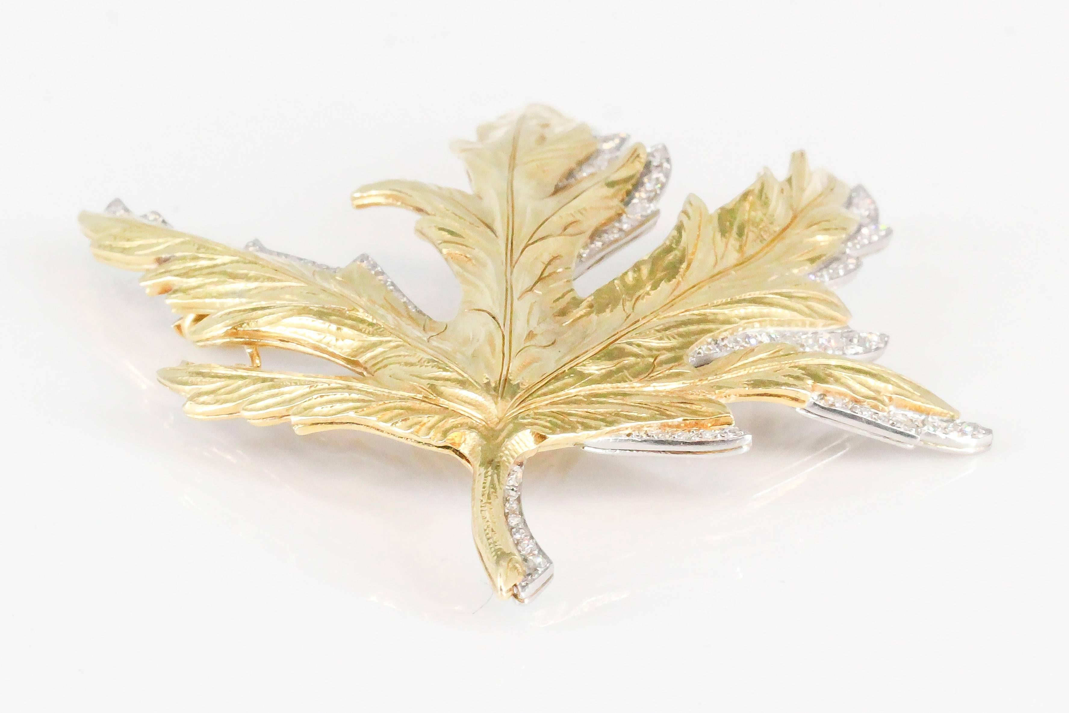 Women's Verdura Diamond Yellow Gold Platinum Oak Leaf Brooch