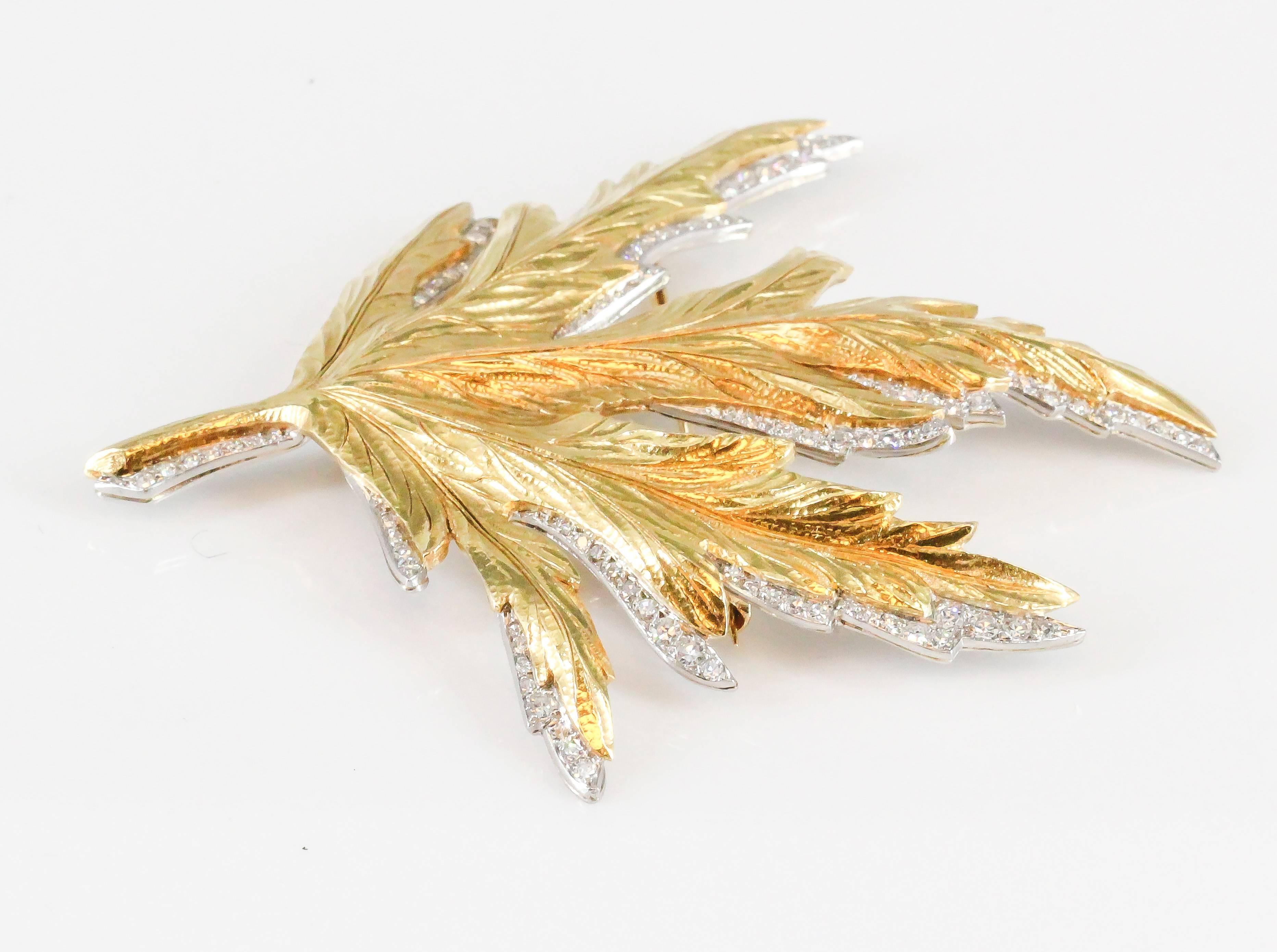 Verdura Diamond Yellow Gold Platinum Oak Leaf Brooch 1