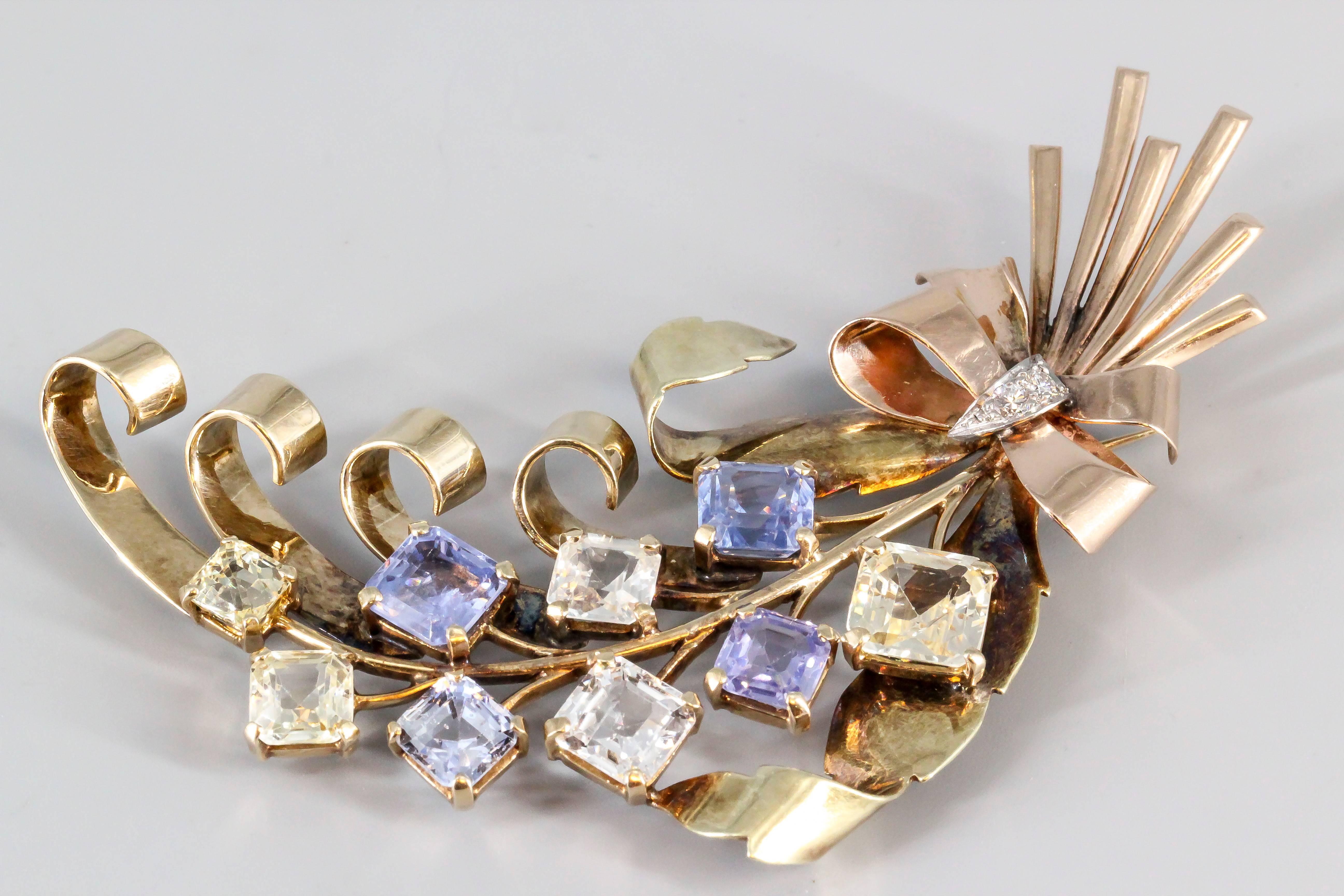 Women's Retro Blue and Yellow Sapphire Diamond Gold Brooch