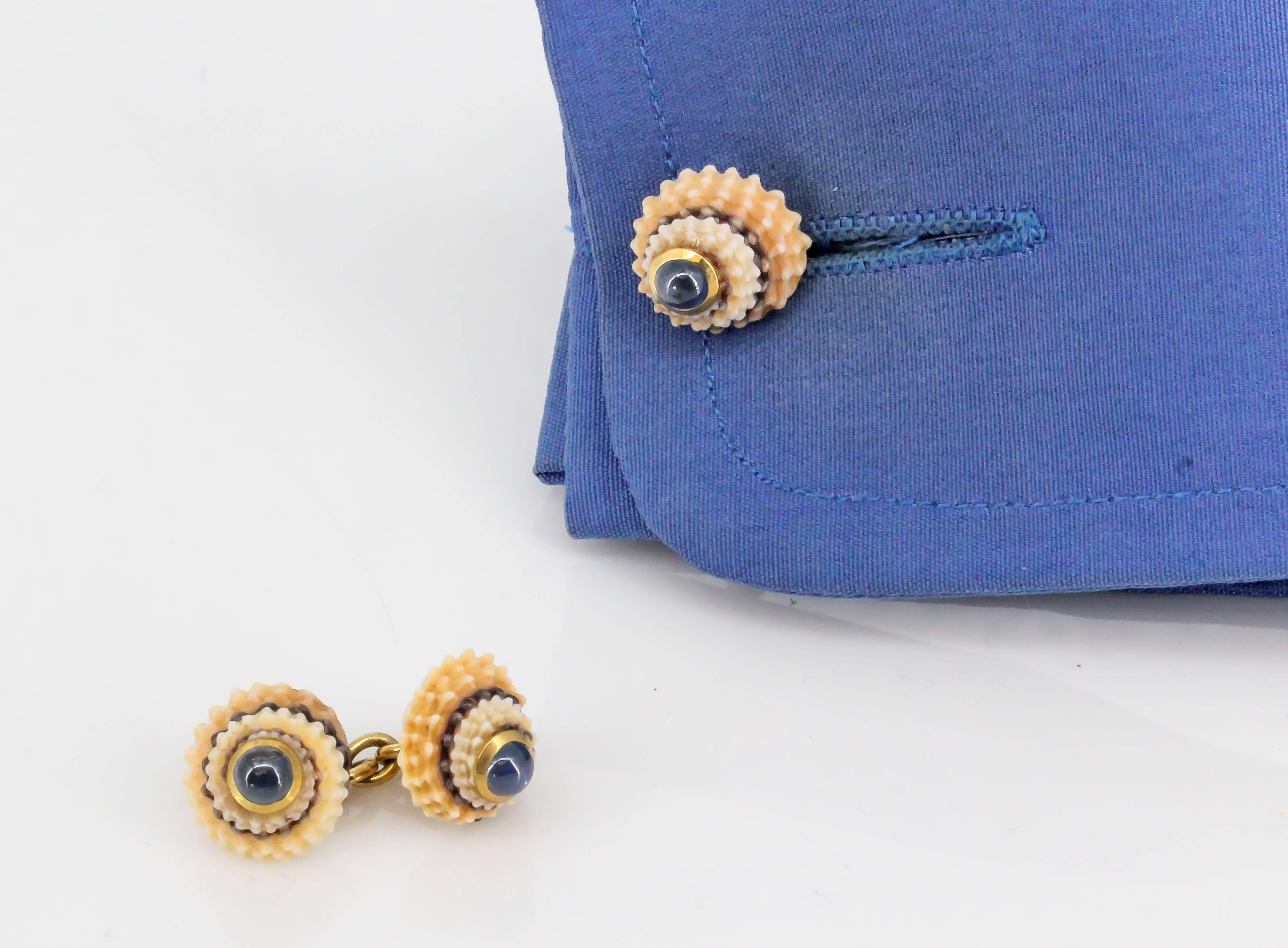 Women's or Men's Trianon Sapphire Yellow Gold Sea Shell Cufflinks
