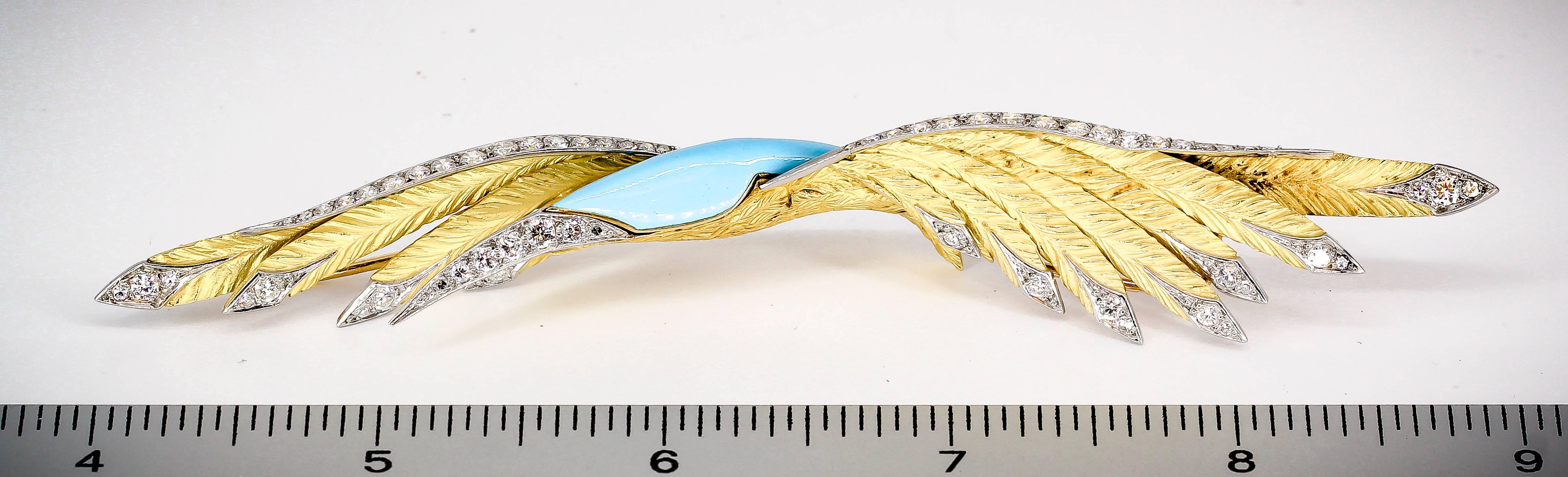 Women's French Diamond Enamel Gold Platinum Bird Brooch