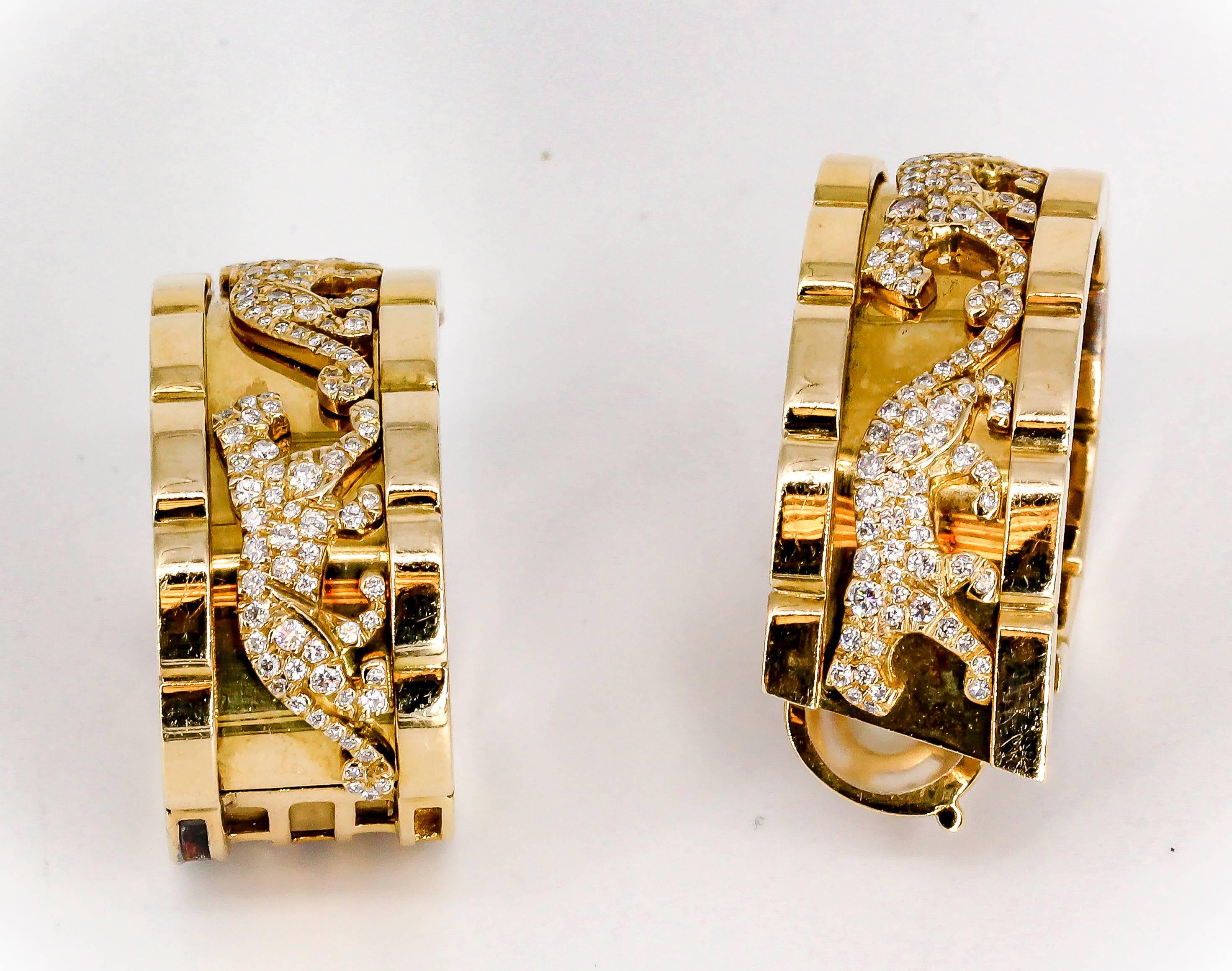 Round Cut Cartier Panther Diamond and Yellow Gold Hoop Earrings