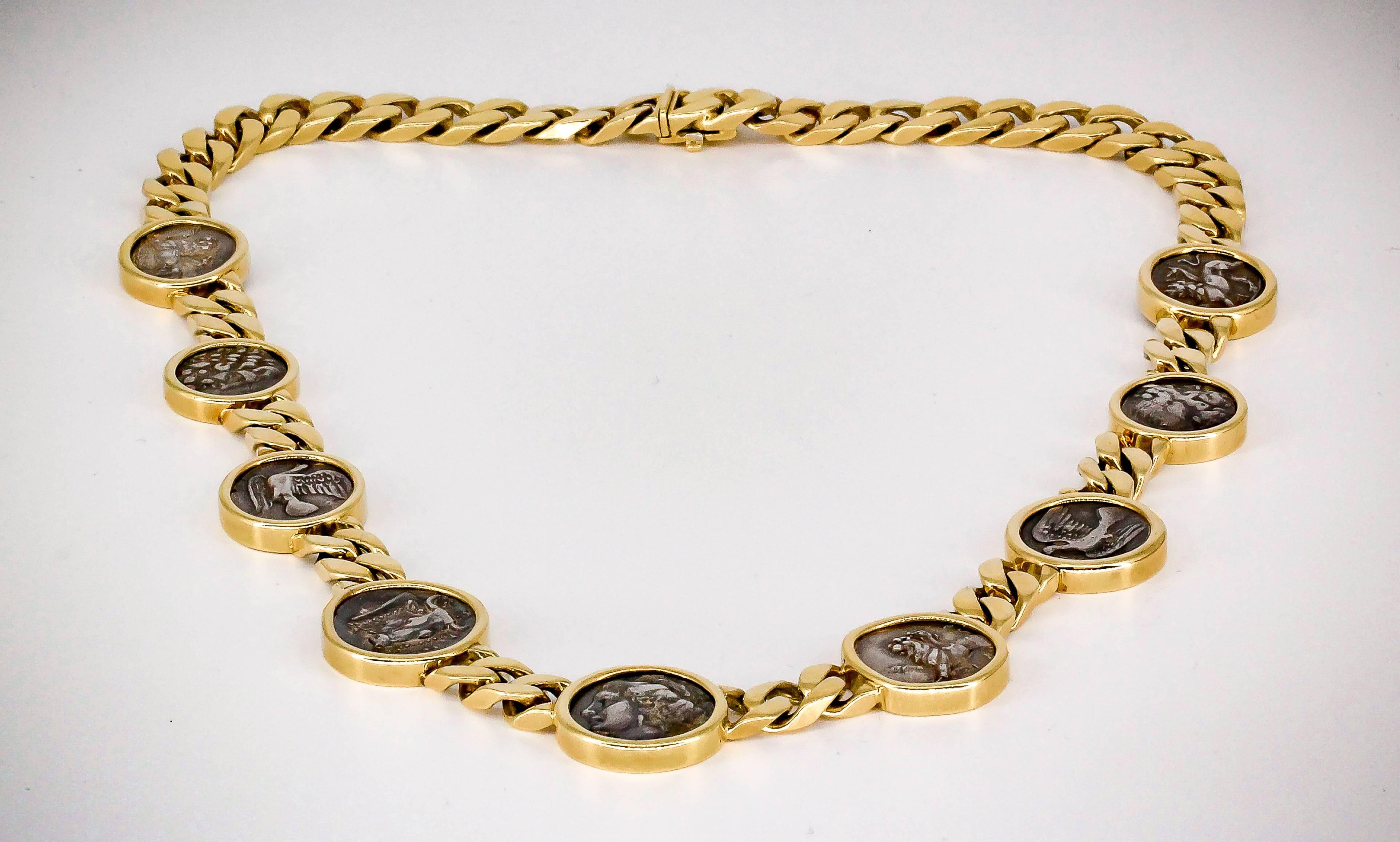 Interesting ancient Greek coin and 18K yellow gold necklace. It features 9 coins in great  shape, further accented by solid 18K gold necklace, resembling Bulgari pieces of similar style.  Coins consist of mostly SIKYONIA, Sikyon. Circa 4th Century
