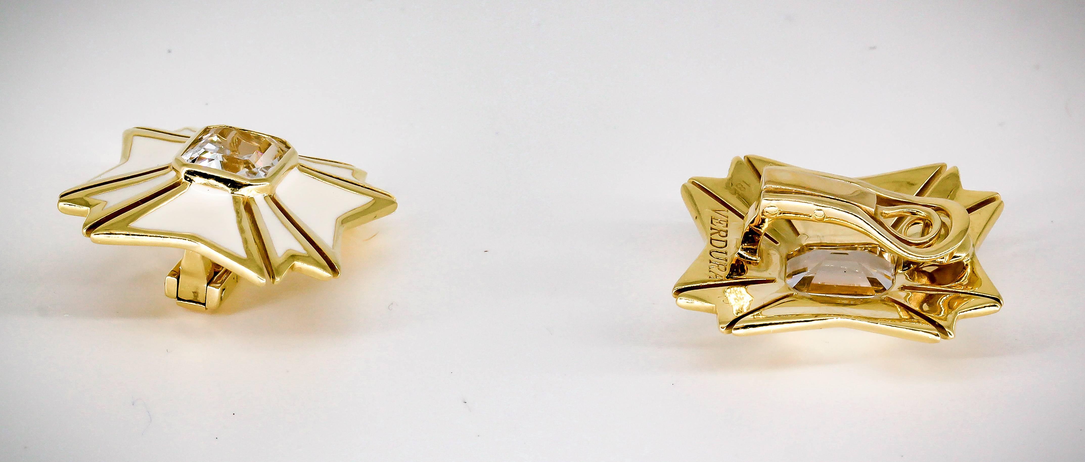 Verdura White Topaz Enamel Gold Maltese Cross Large Earrings In Excellent Condition In New York, NY