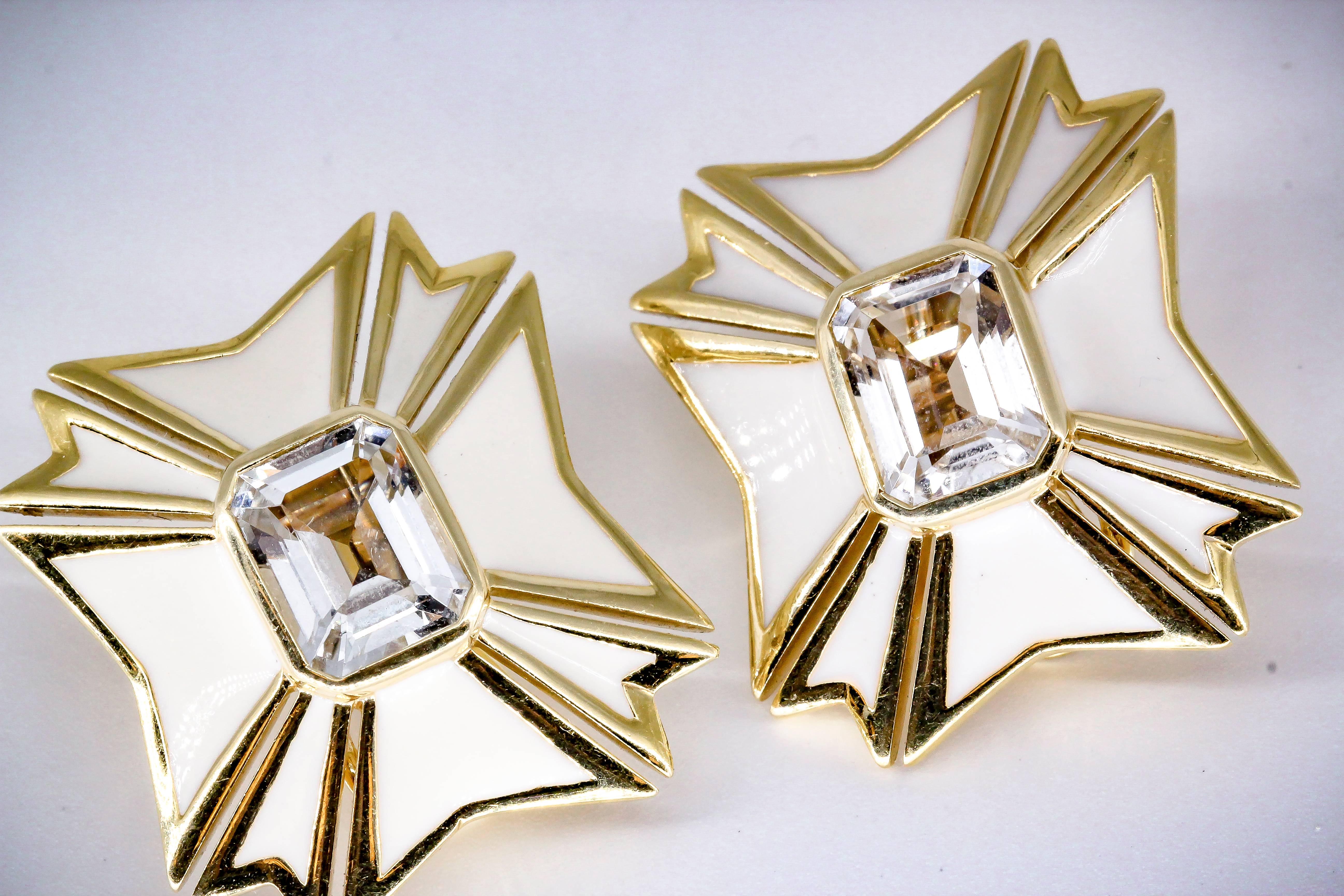 Verdura White Topaz Enamel Gold Maltese Cross Large Earrings 1