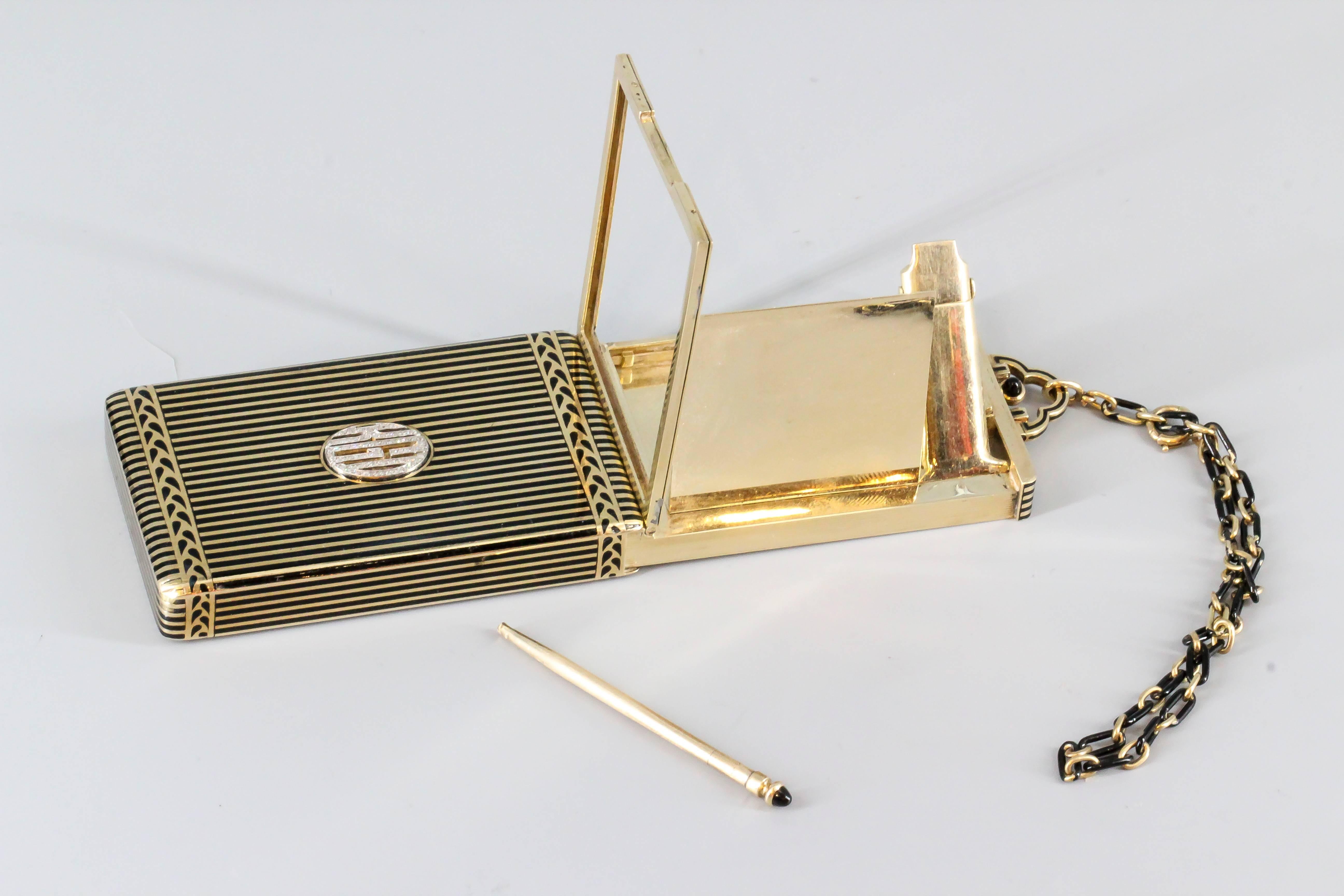 1930s Cartier Art Deco Enamel Diamond Gold Minaudiere Compact In Good Condition In New York, NY