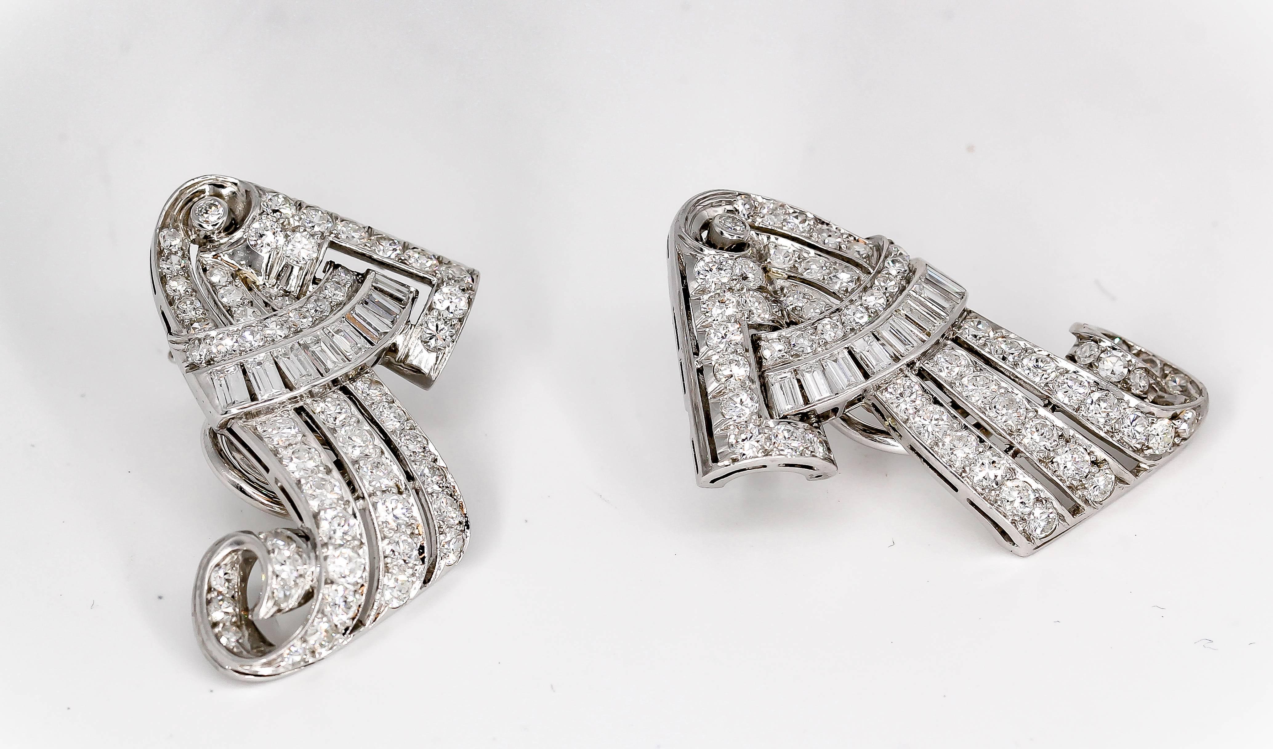 Women's Retro Diamond and Platinum Earring Clips For Sale