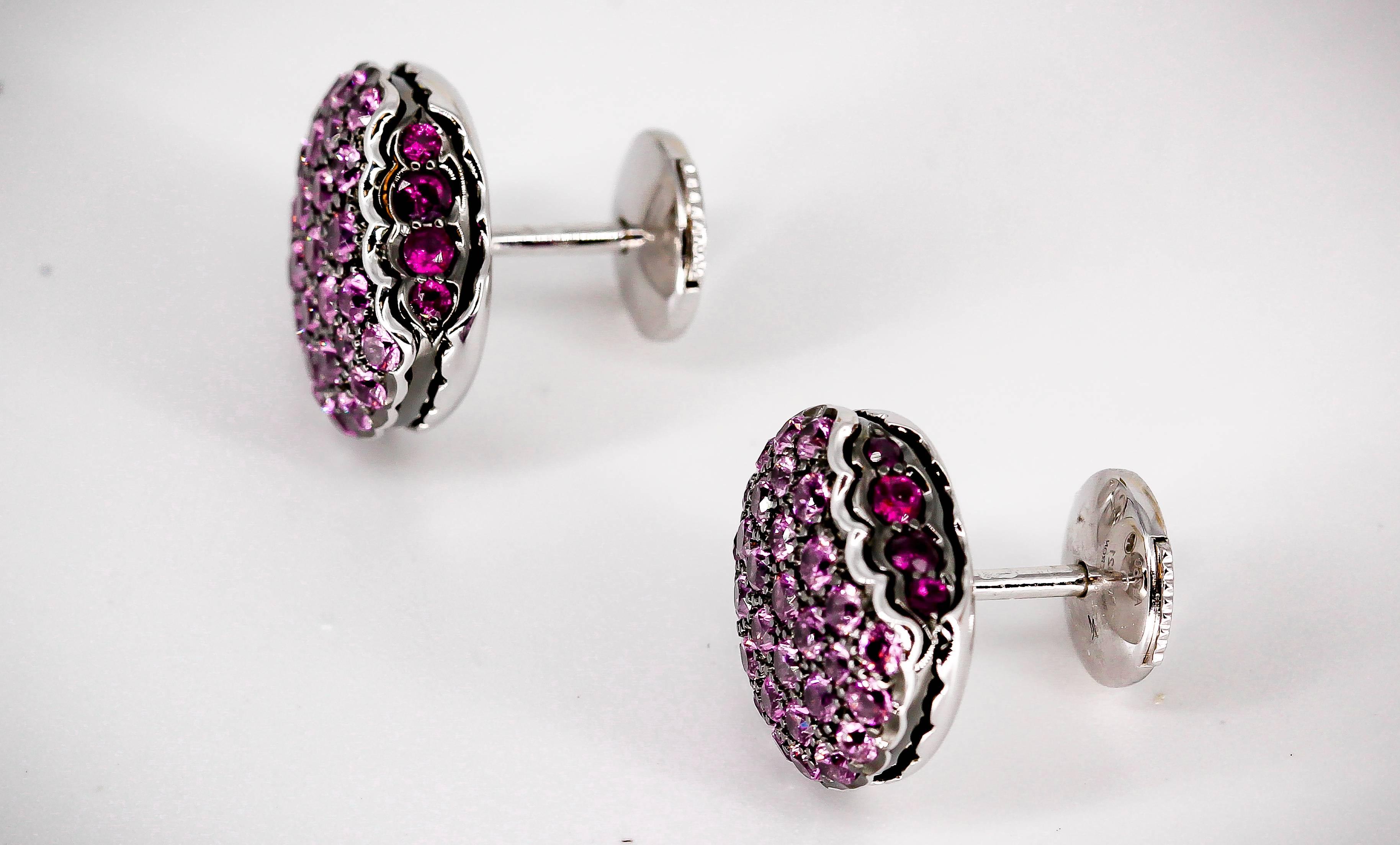 Chic rubies, pink sapphires, and 18K white gold stud earrings from the 