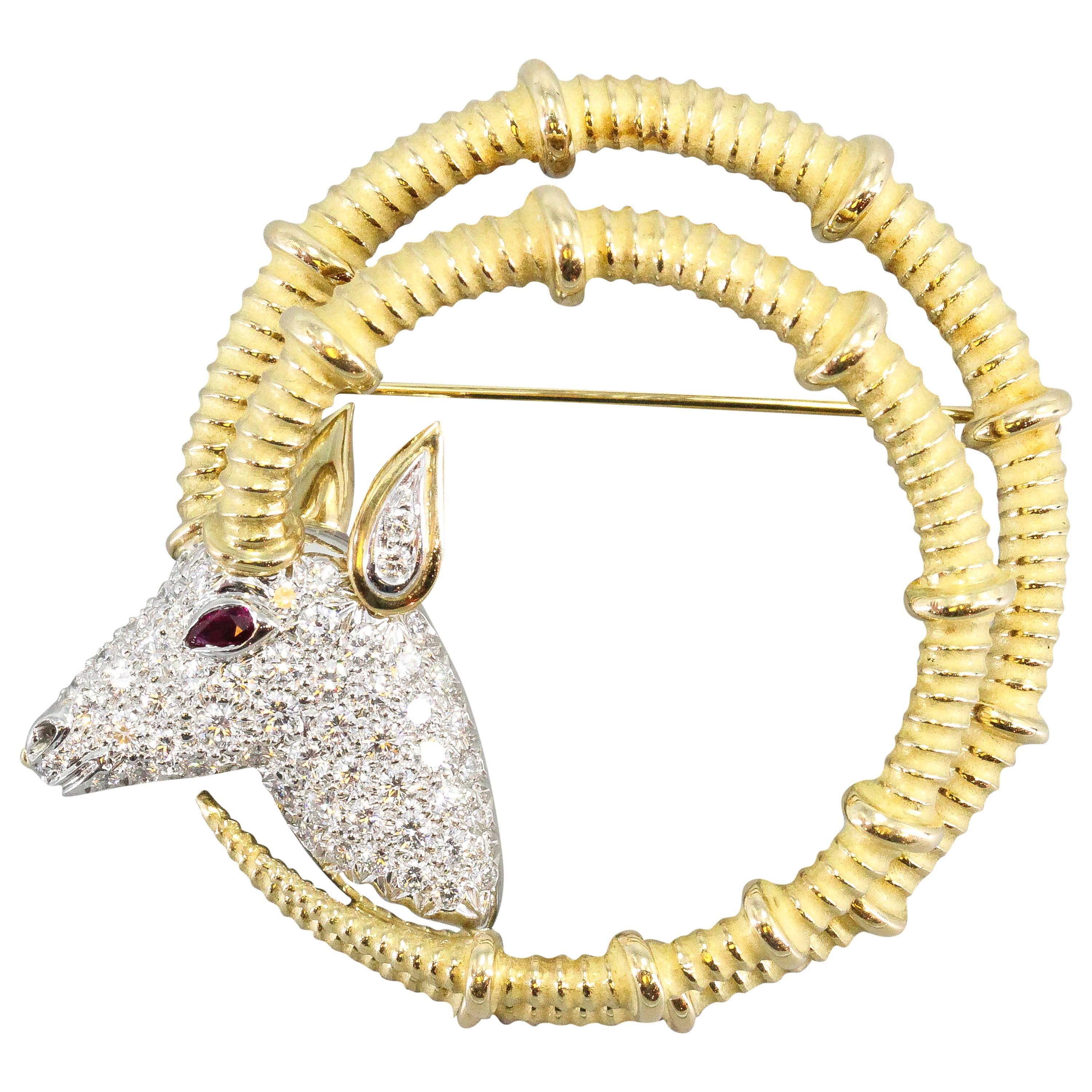Tiffany & Co. Schlumberger Ruby Diamond Platinum Gold Ibex Brooch