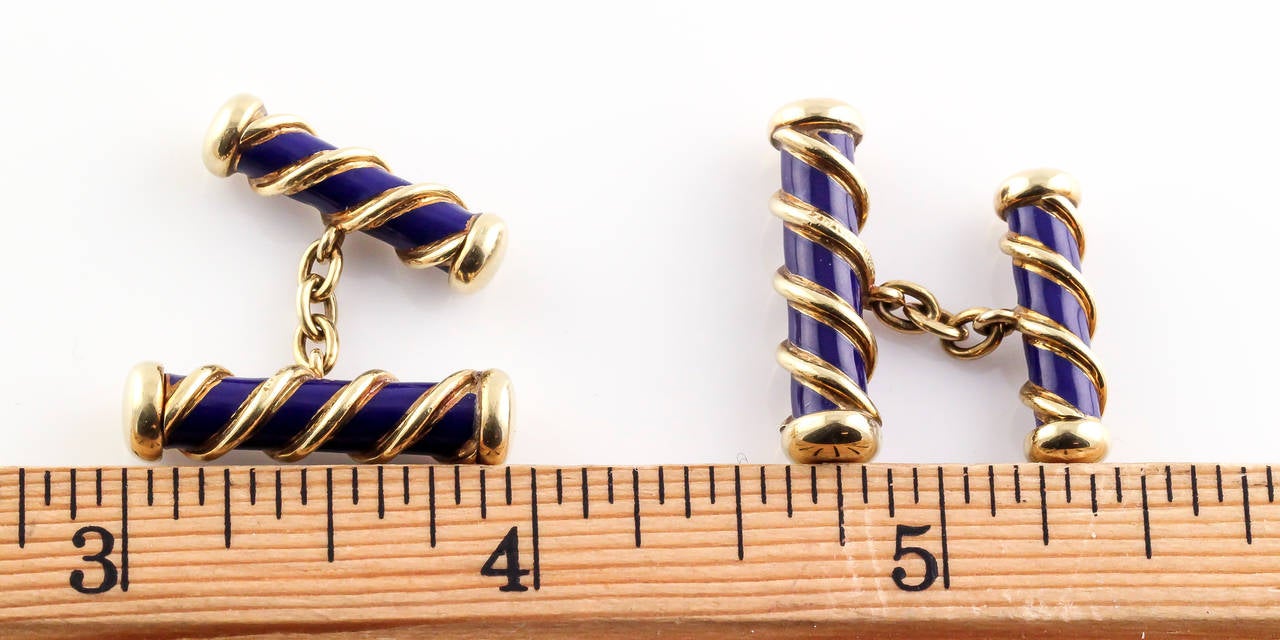 Tiffany & Co. Schlumberger Blue Enamel Gold Bar Cufflinks In Excellent Condition In New York, NY