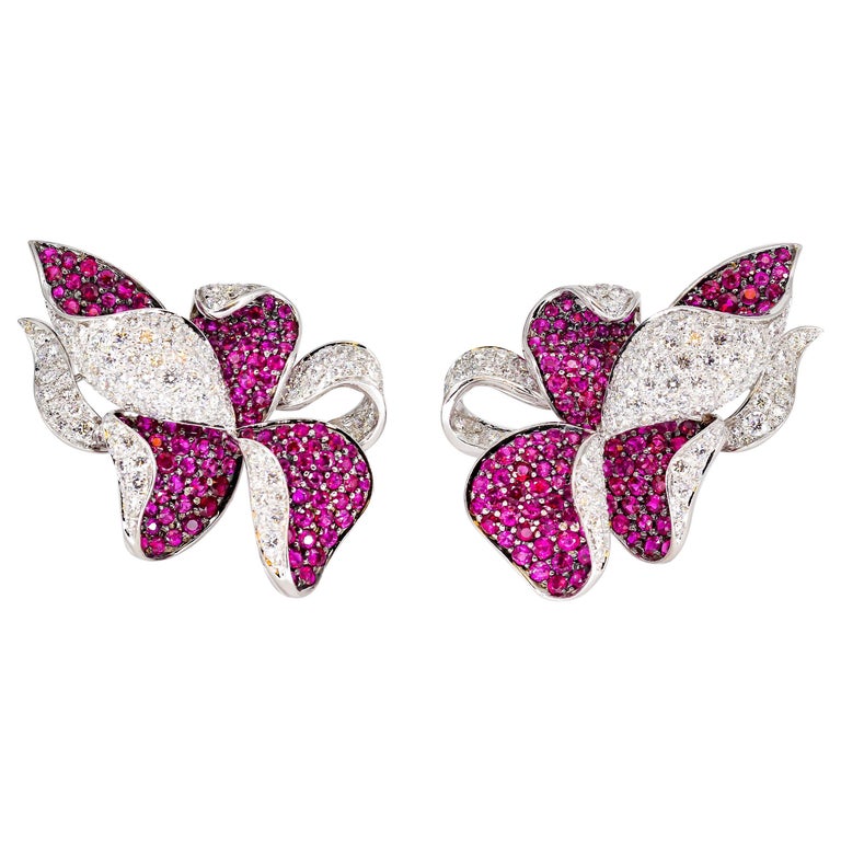 Adler Diamond, Ruby and White Gold Flower Earrings For Sale at 1stDibs