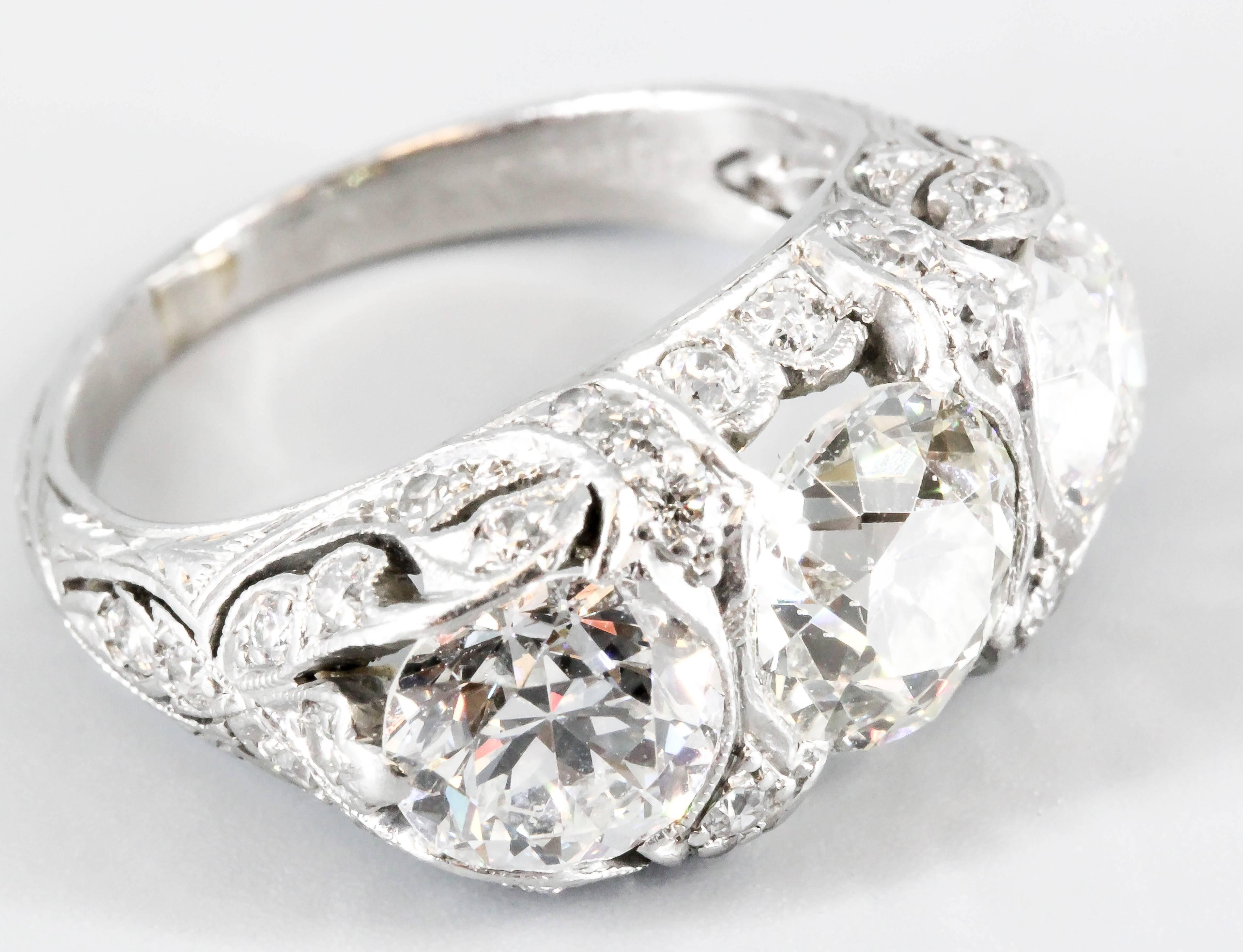 Old European Cut Art Deco Diamond Platinum Three-Stone Ring