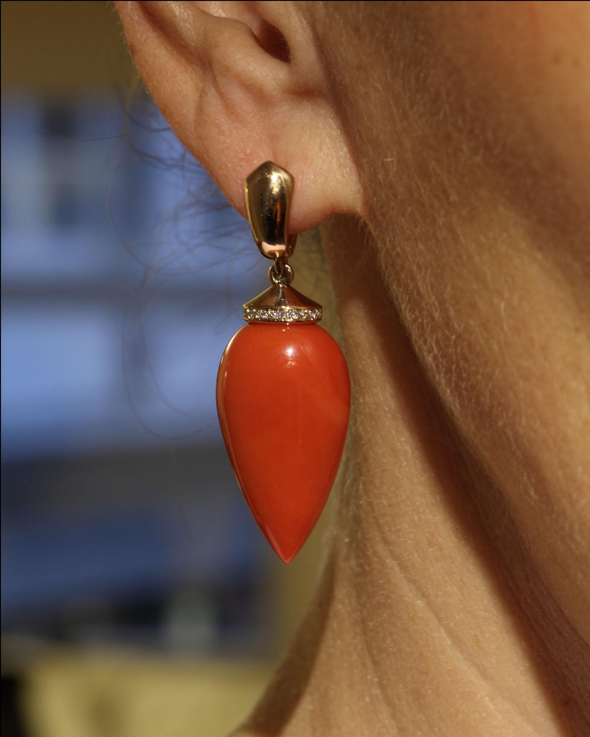Women's Robert Vogelsang Red Coral Drop and Diamond Rose Gold Dangling Earrings