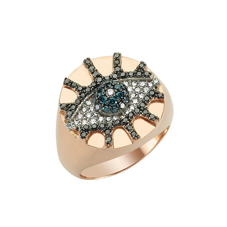 Rose-gold and black- and blue-diamond Eye Light pinky signet ring