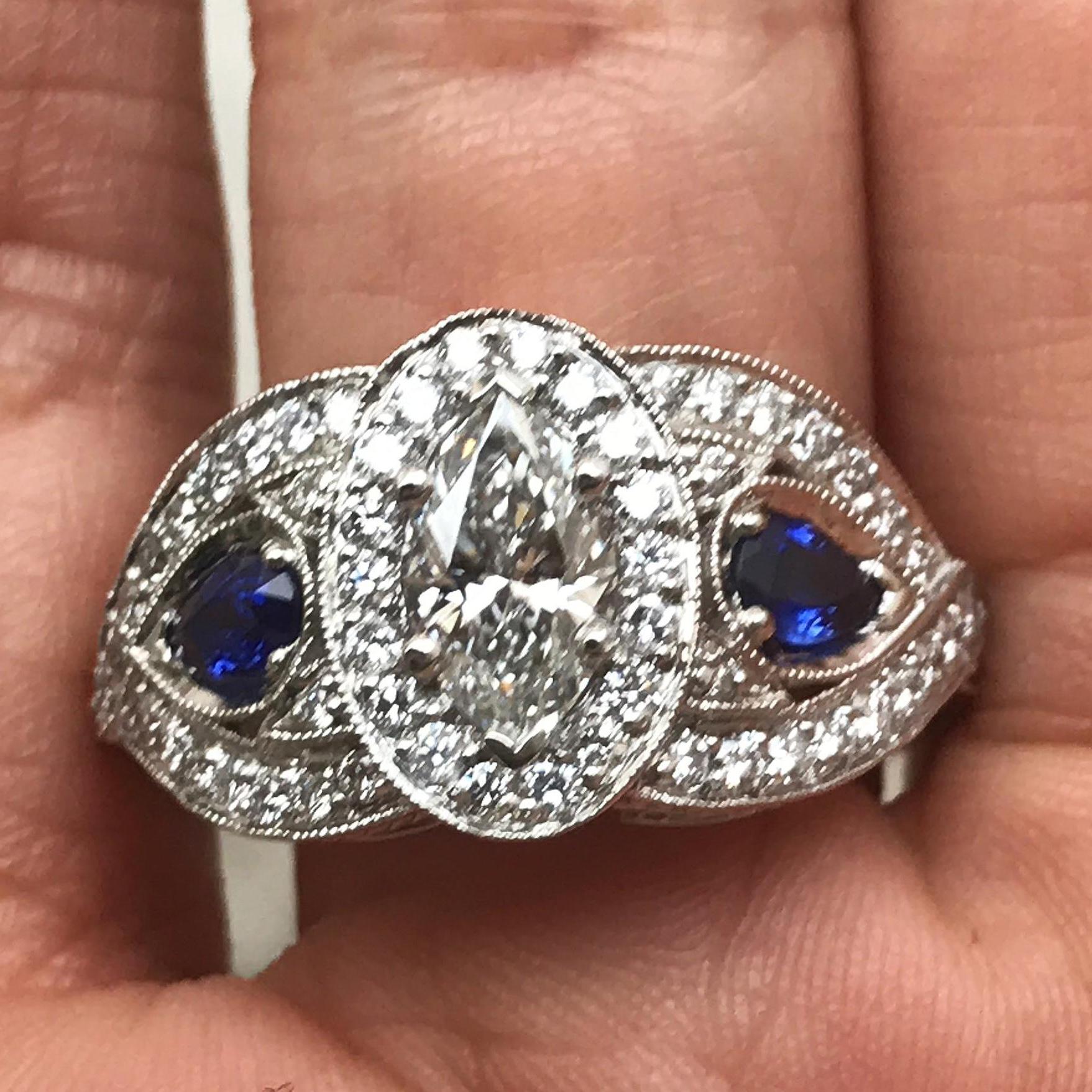 Modern 2.0 Carat Approximate, Marquise Halo Diamond and Sapphire Ring, Ben Dannie For Sale